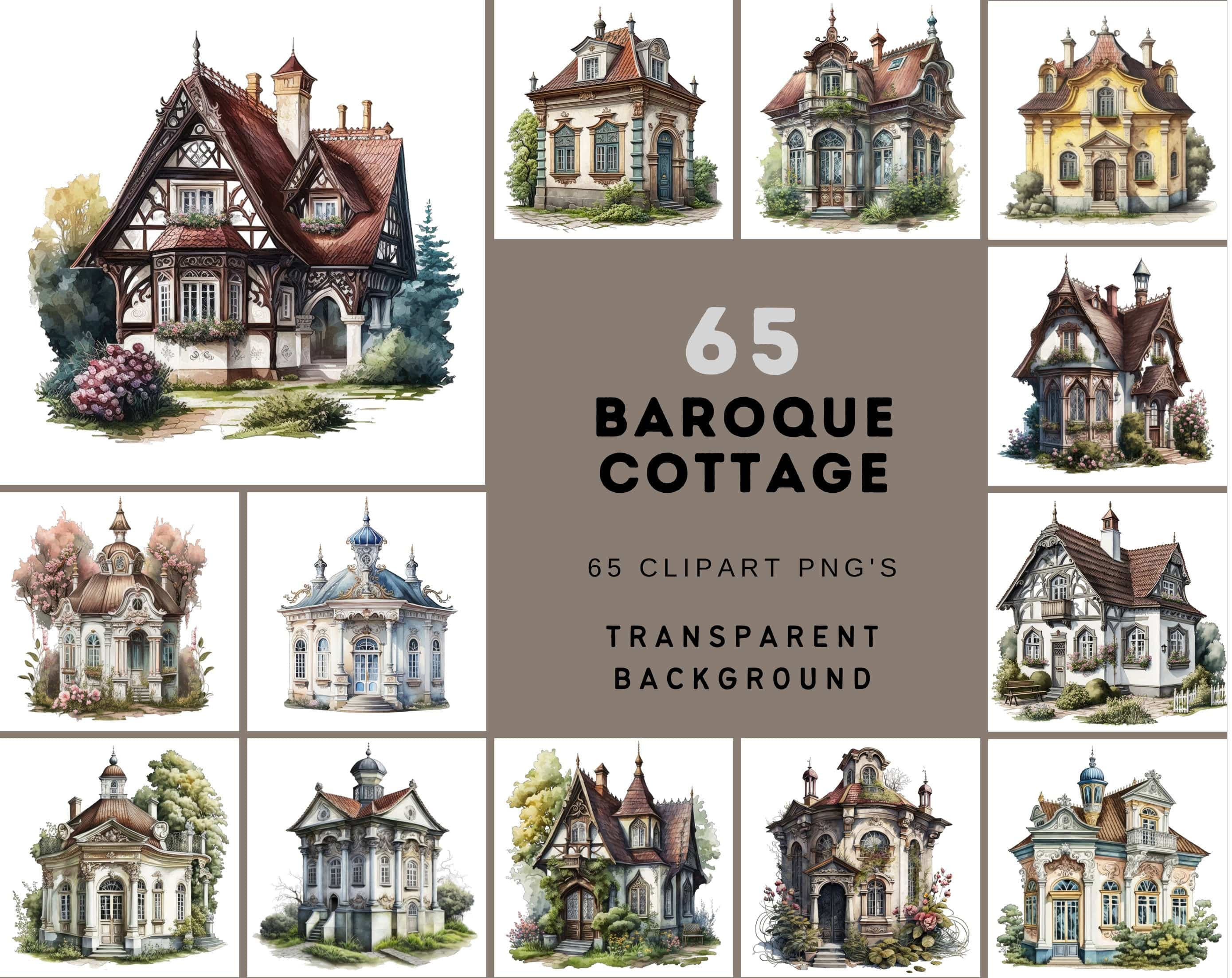 Elegant Baroque Cottage Watercolor Set - 65 Transparent Images for Your Creative Projects Digital Download Sumobundle