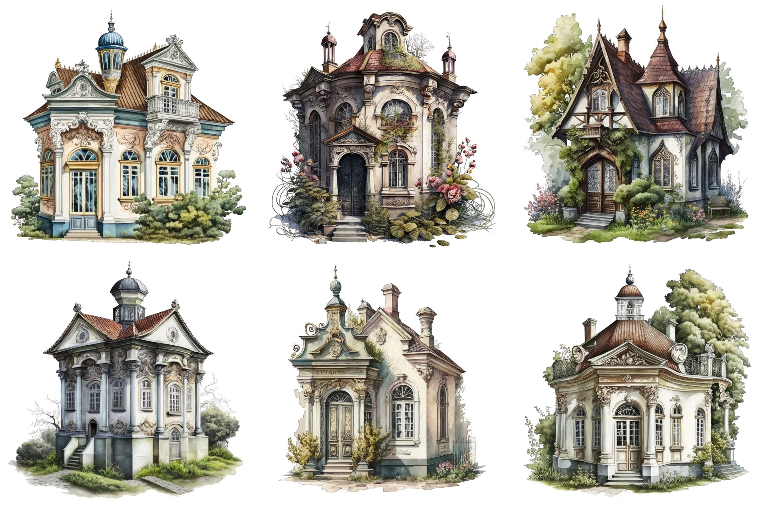 Elegant Baroque Cottage Watercolor Set - 65 Transparent Images for Your Creative Projects Digital Download Sumobundle