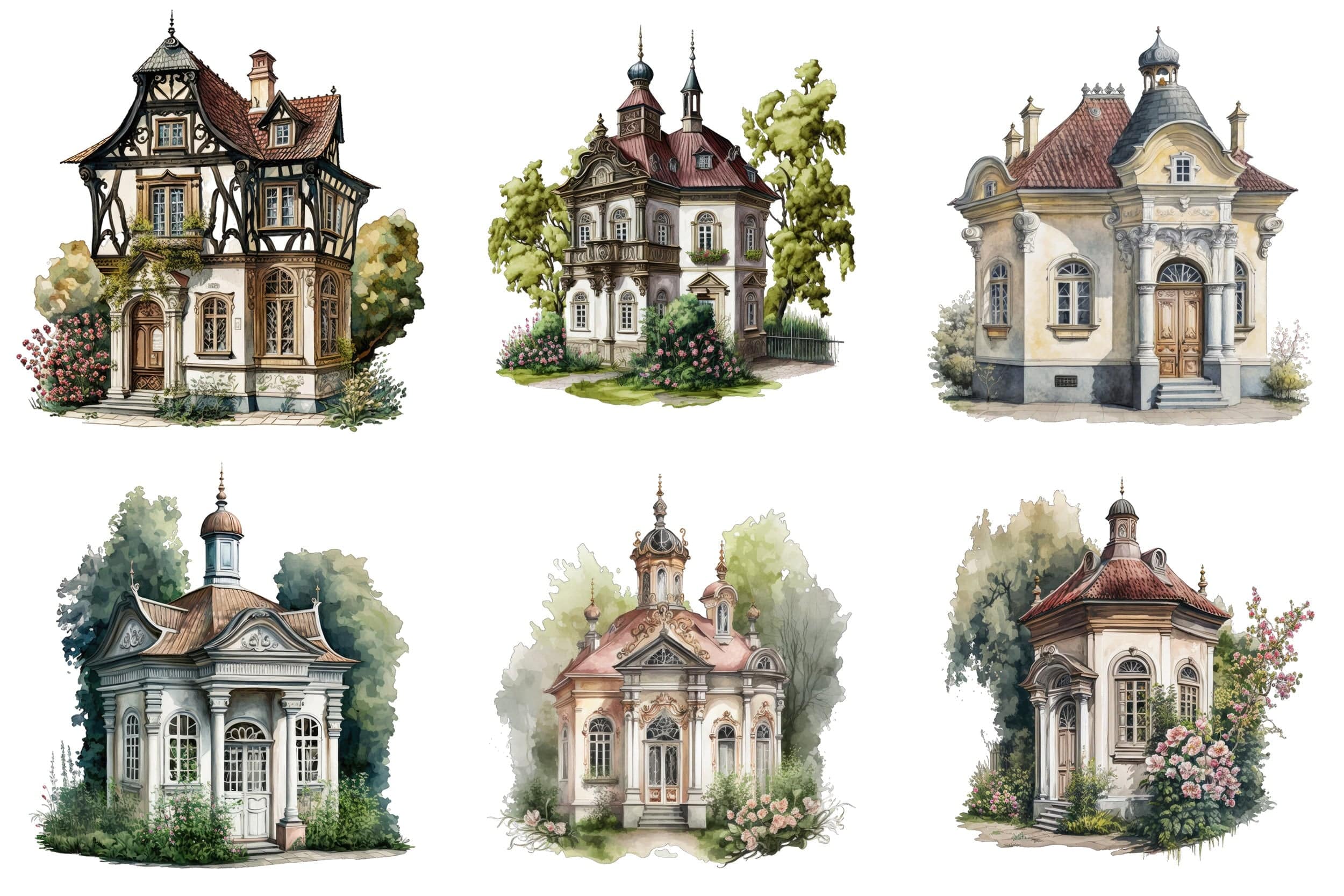 Elegant Baroque Cottage Watercolor Set - 65 Transparent Images for Your Creative Projects Digital Download Sumobundle
