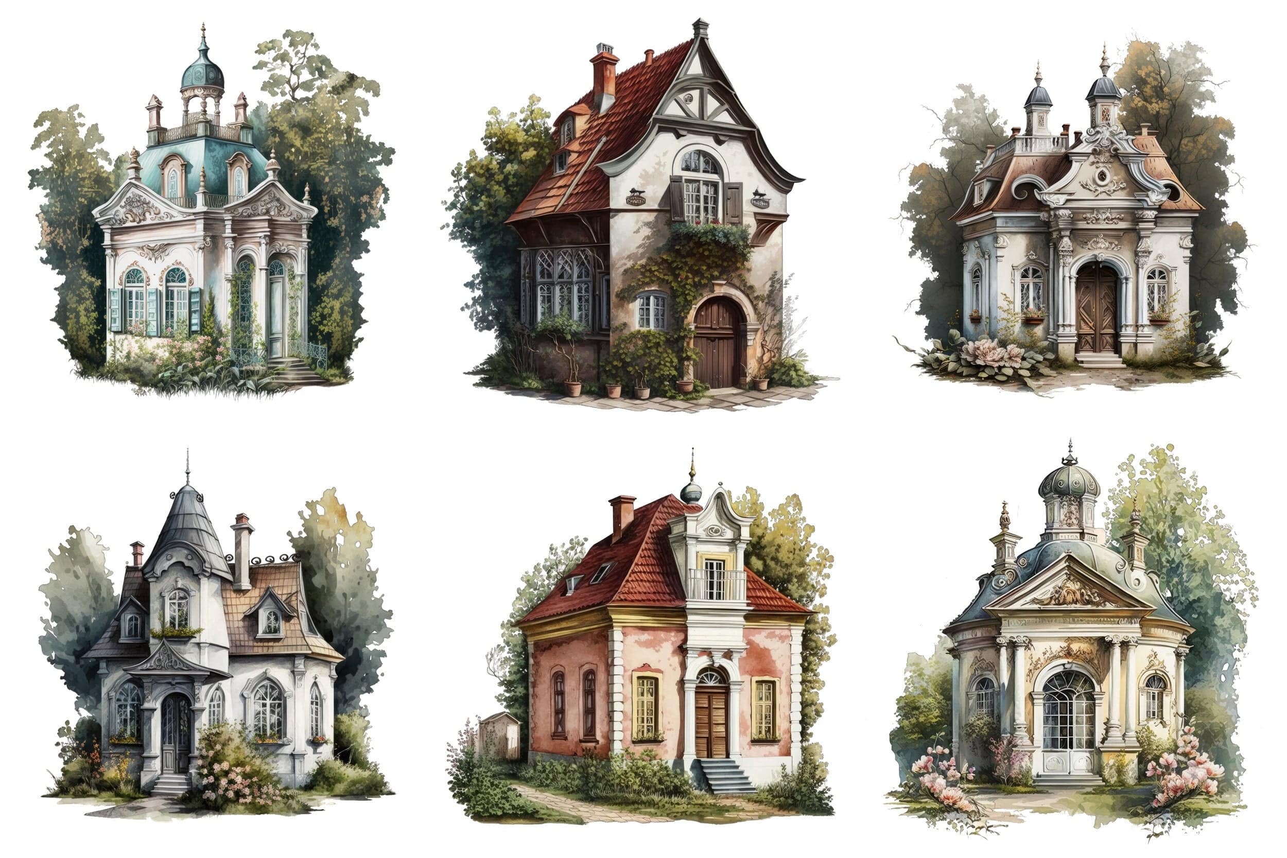 Elegant Baroque Cottage Watercolor Set - 65 Transparent Images for Your Creative Projects Digital Download Sumobundle