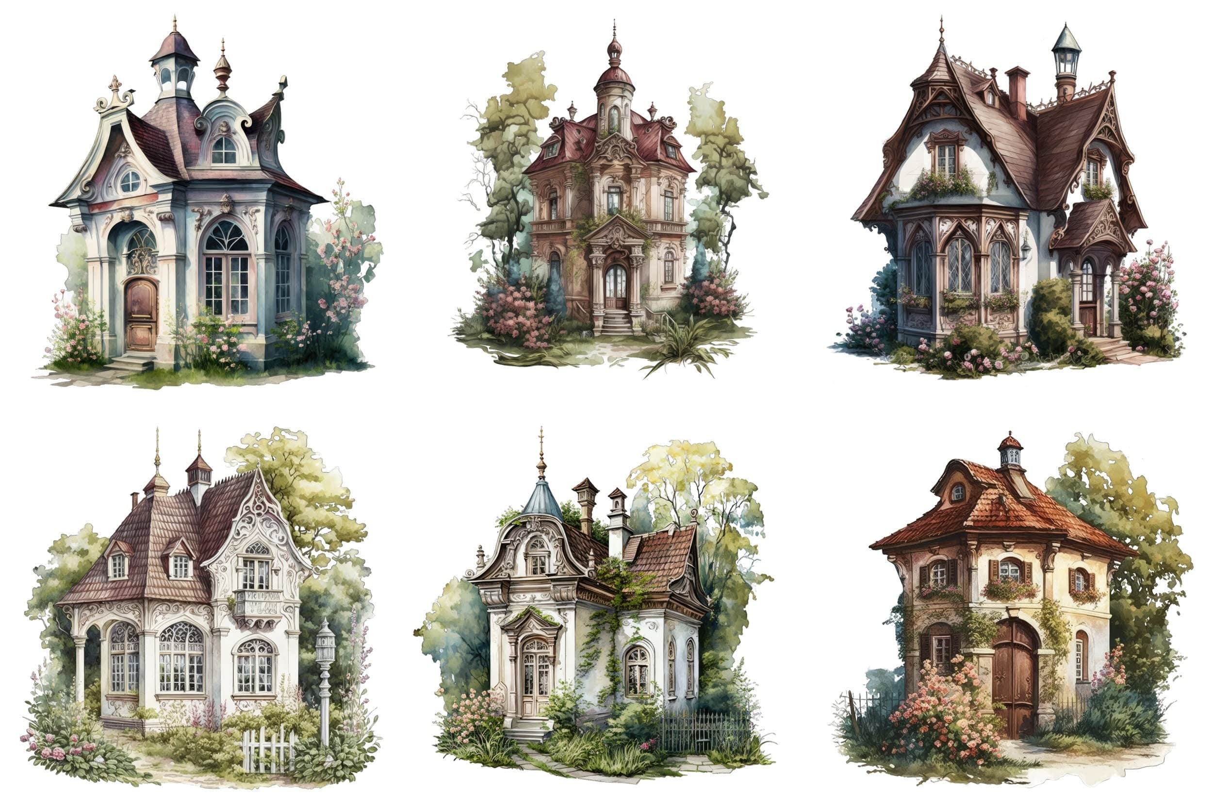 Elegant Baroque Cottage Watercolor Set - 65 Transparent Images for Your Creative Projects Digital Download Sumobundle