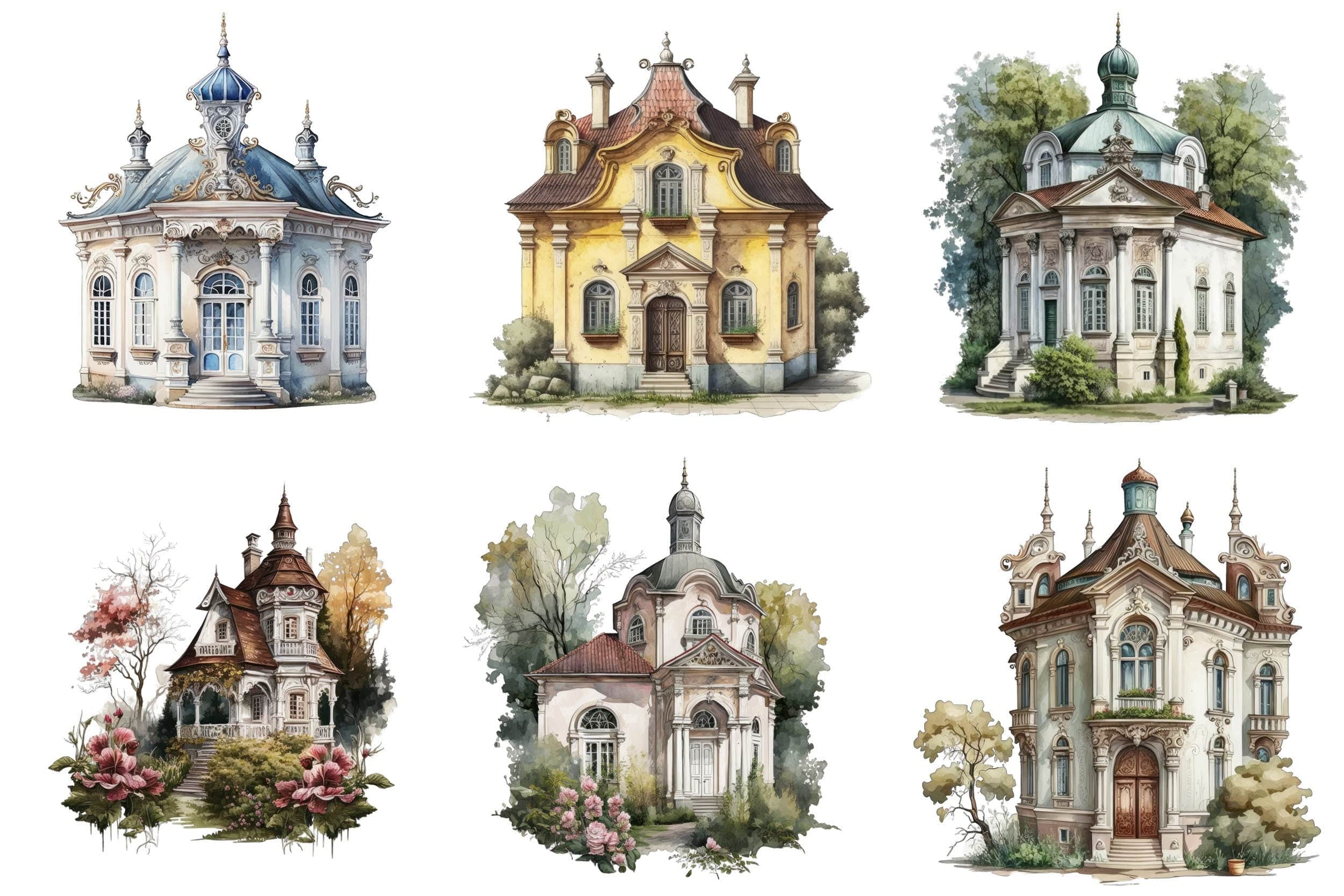 Elegant Baroque Cottage Watercolor Set - 65 Transparent Images for Your Creative Projects Digital Download Sumobundle