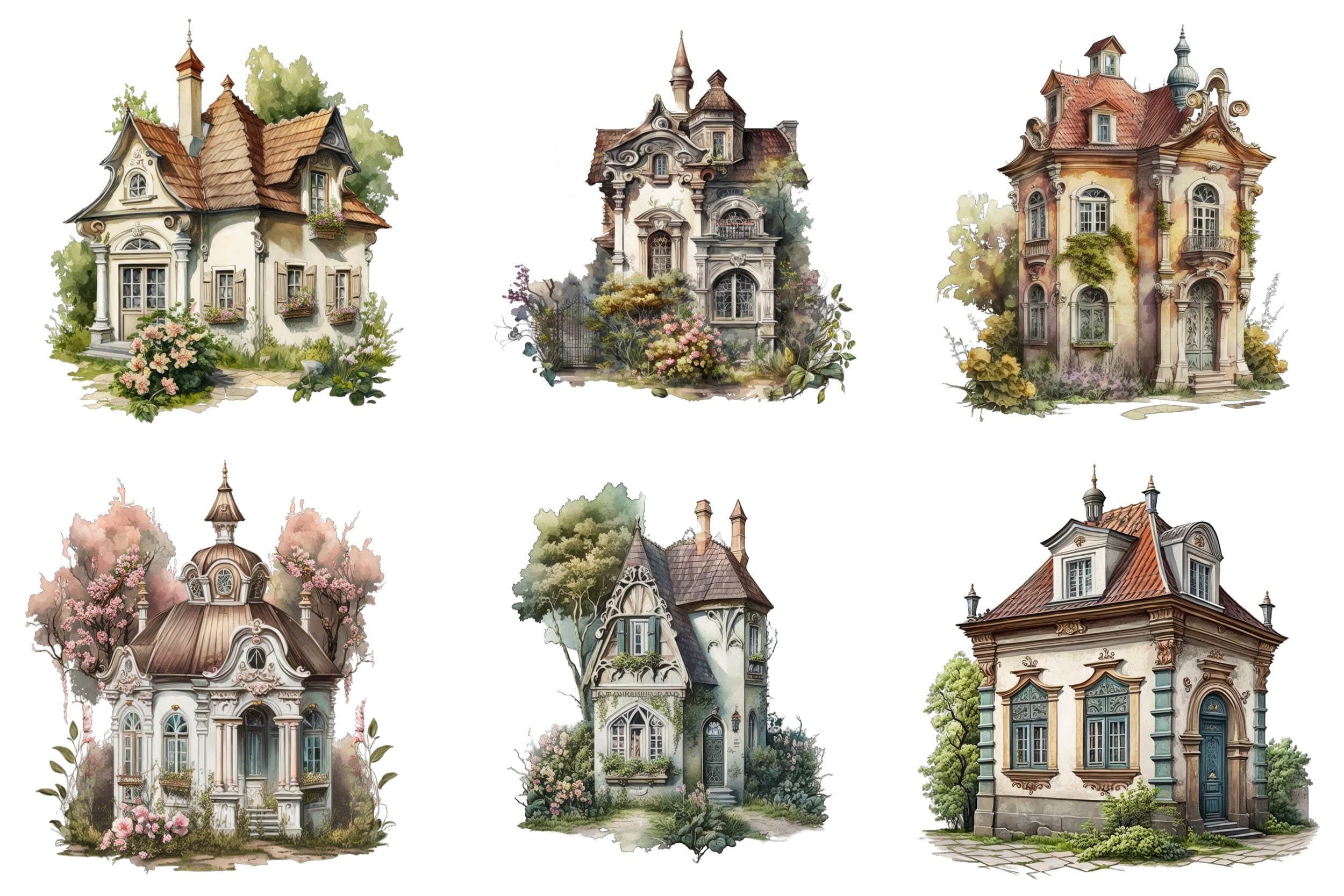 Elegant Baroque Cottage Watercolor Set - 65 Transparent Images for Your Creative Projects Digital Download Sumobundle