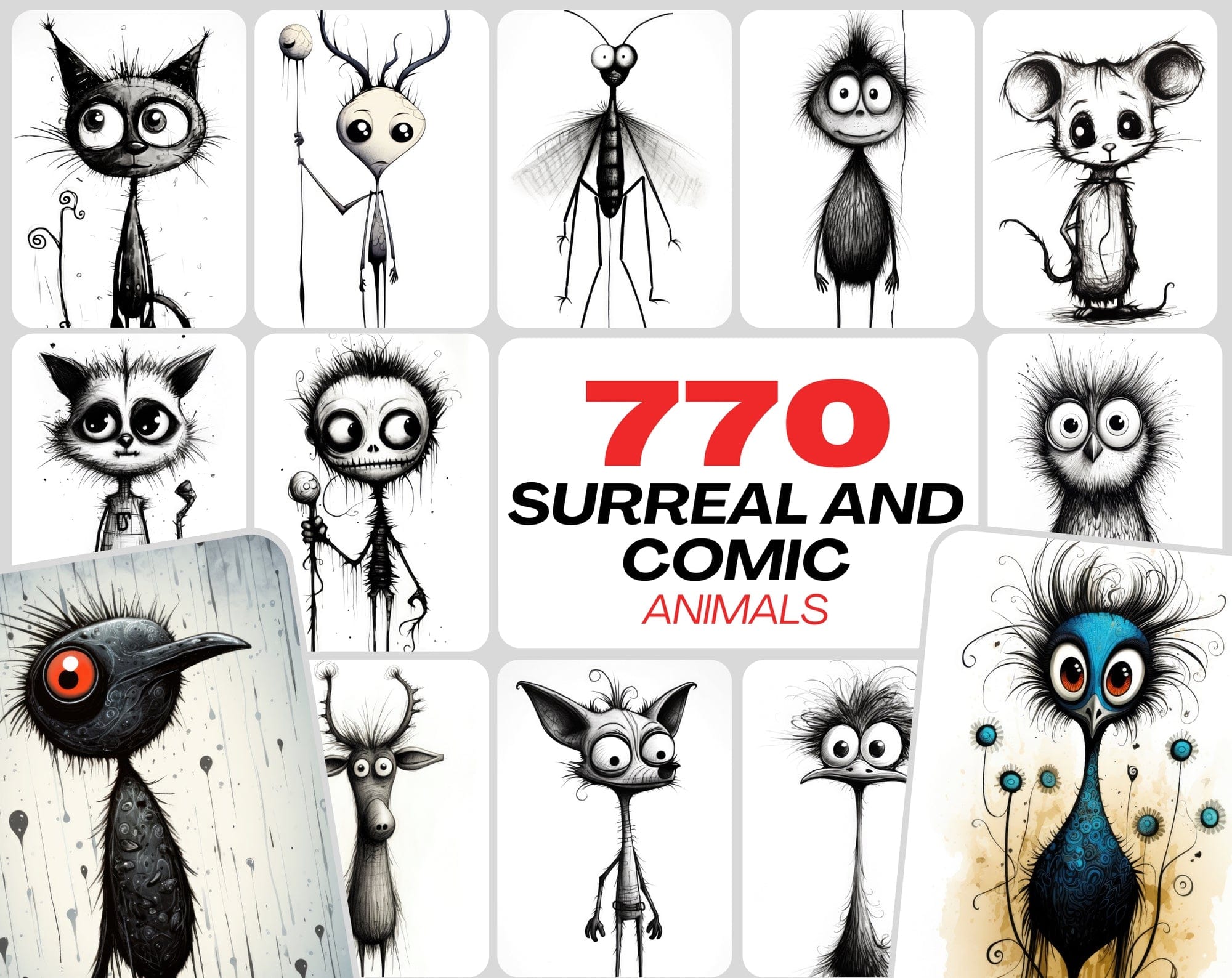 Emotive Surreal Animal Portraits: Monochrome PNG Bundle (770 Images) - Unique & Captivating Digital Download Sumobundle