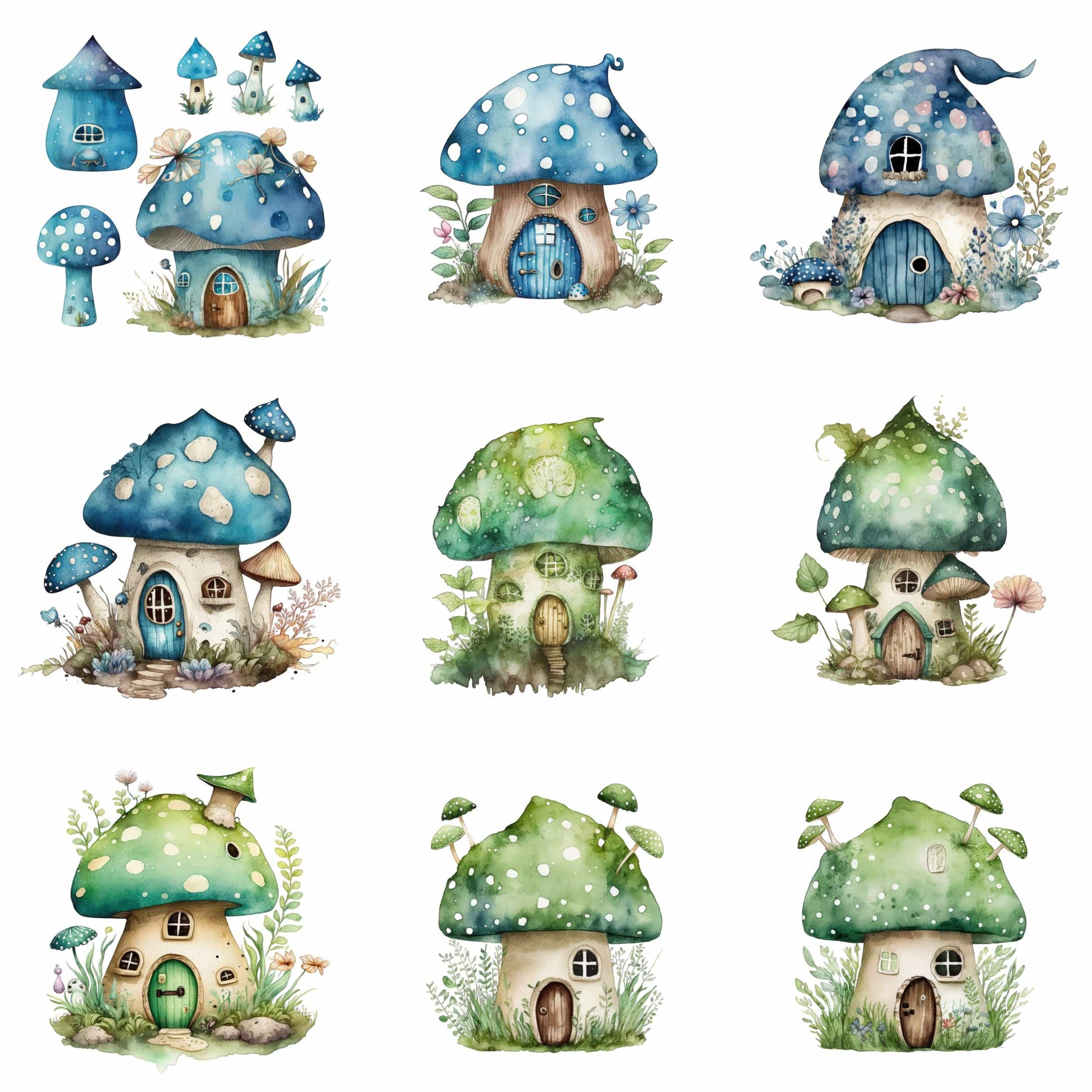Enchanting Fairy Mushroom House Clipart, 37 Watercolor PNG Illustrations, Sublimation, Commercial License, Fairy Watercolor Mushroom House Digital Download Sumobundle