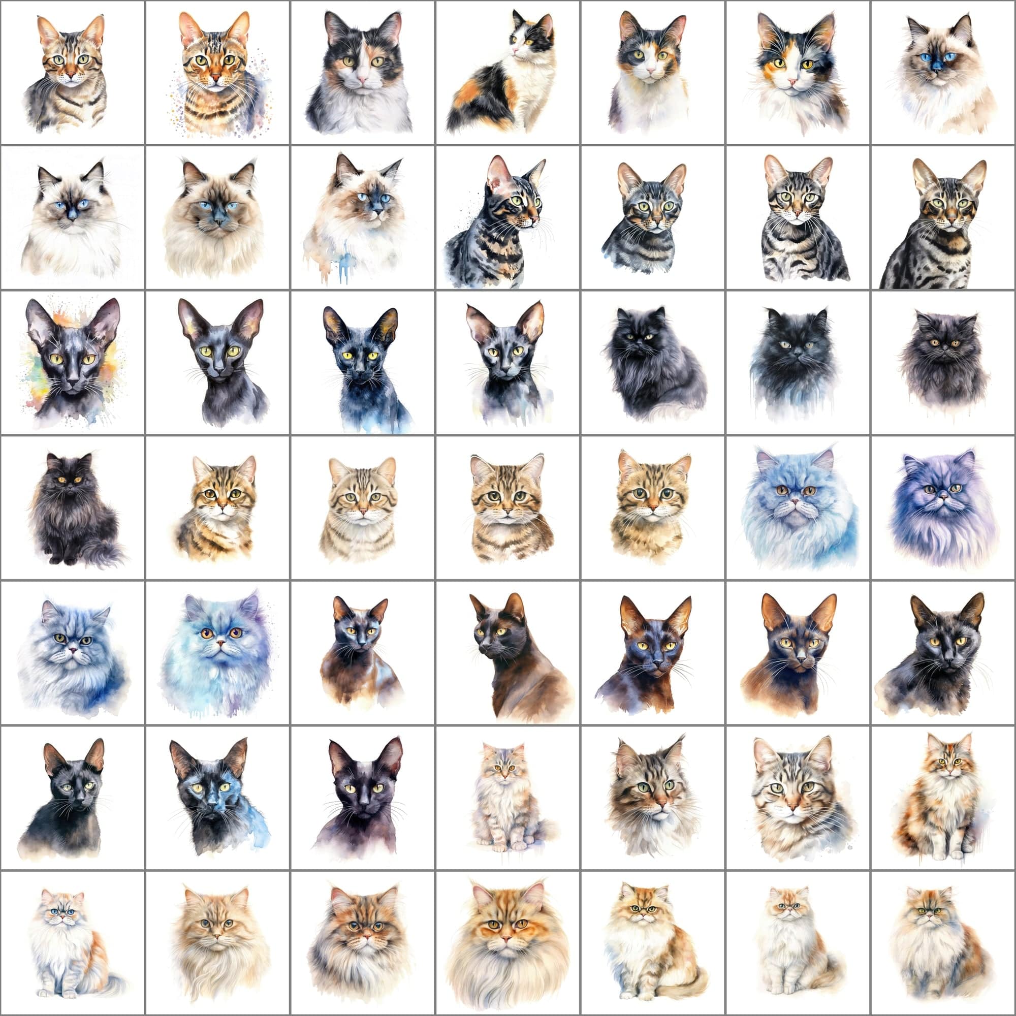 Exquisite Collection of 550 Watercolor Feline Breed Images - Inclusive of Commercial Rights Digital Download Sumobundle