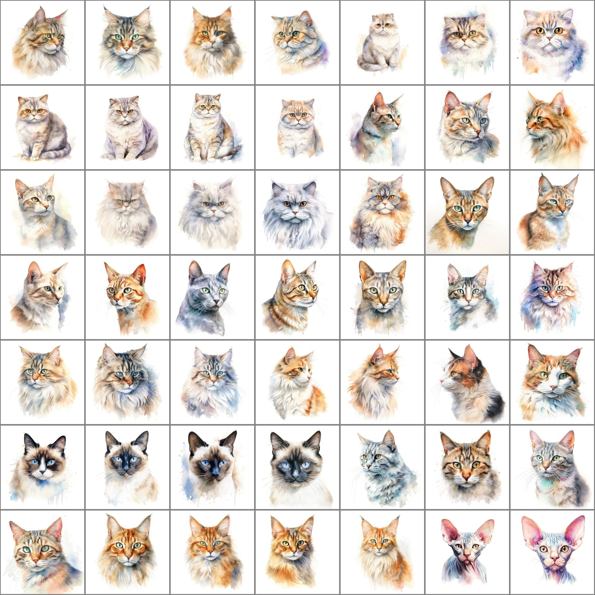 Exquisite Collection of 550 Watercolor Feline Breed Images - Inclusive of Commercial Rights Digital Download Sumobundle