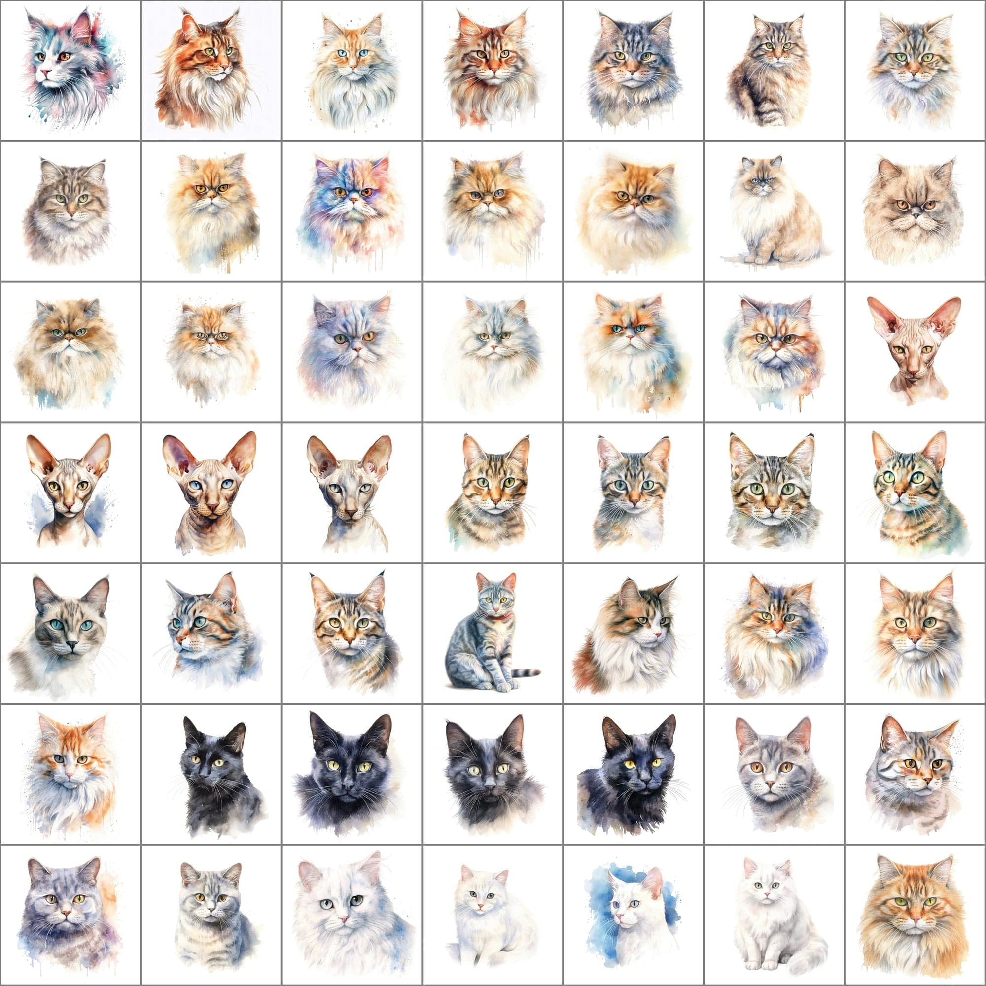 Exquisite Collection of 550 Watercolor Feline Breed Images - Inclusive of Commercial Rights Digital Download Sumobundle