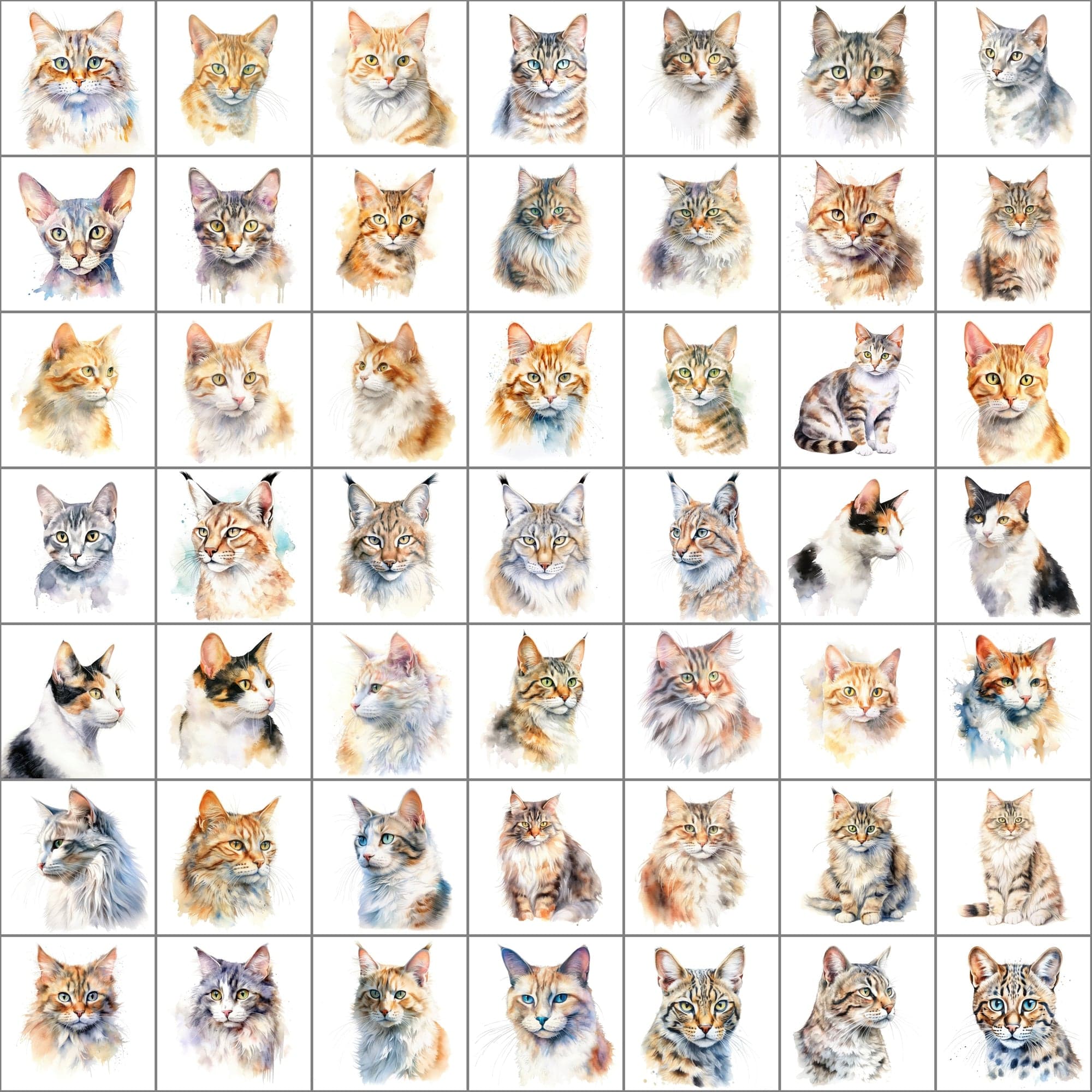 Exquisite Collection of 550 Watercolor Feline Breed Images - Inclusive of Commercial Rights Digital Download Sumobundle