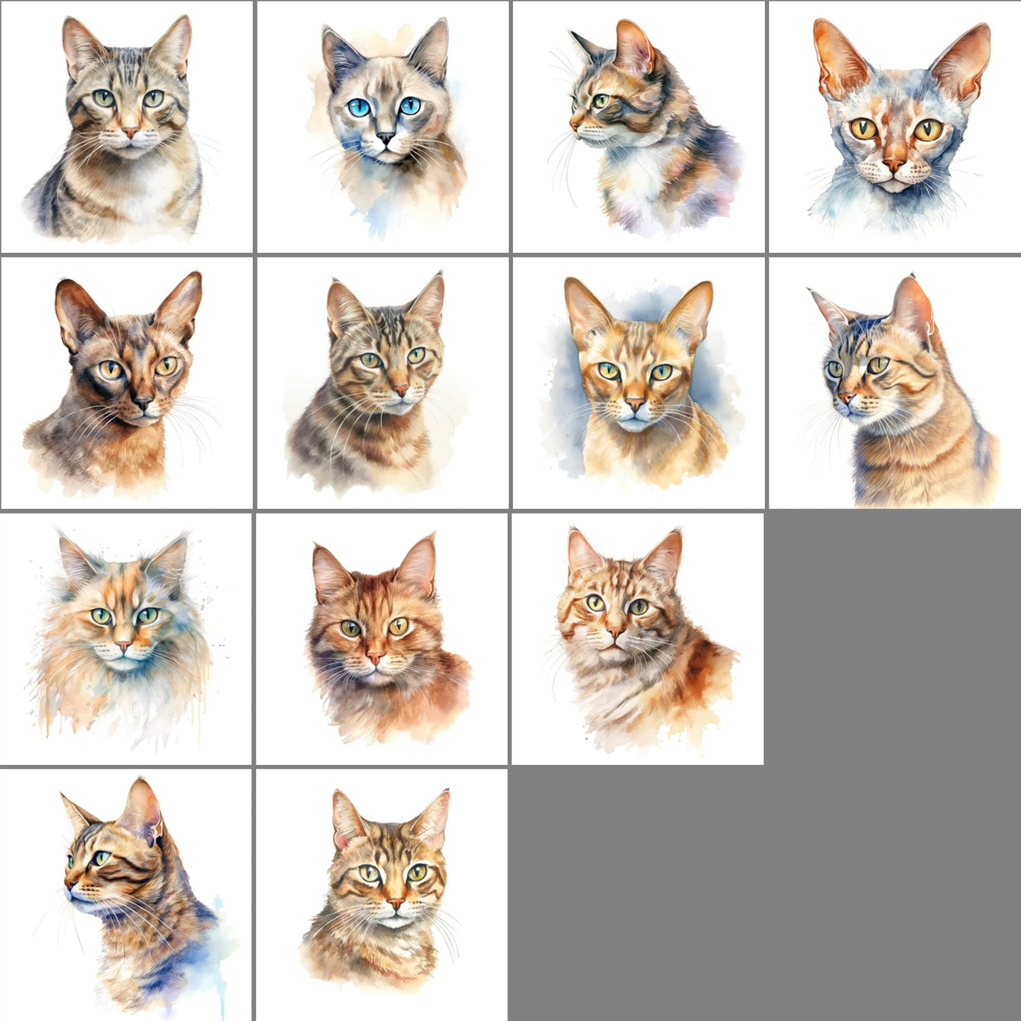 Exquisite Collection of 550 Watercolor Feline Breed Images - Inclusive of Commercial Rights Digital Download Sumobundle