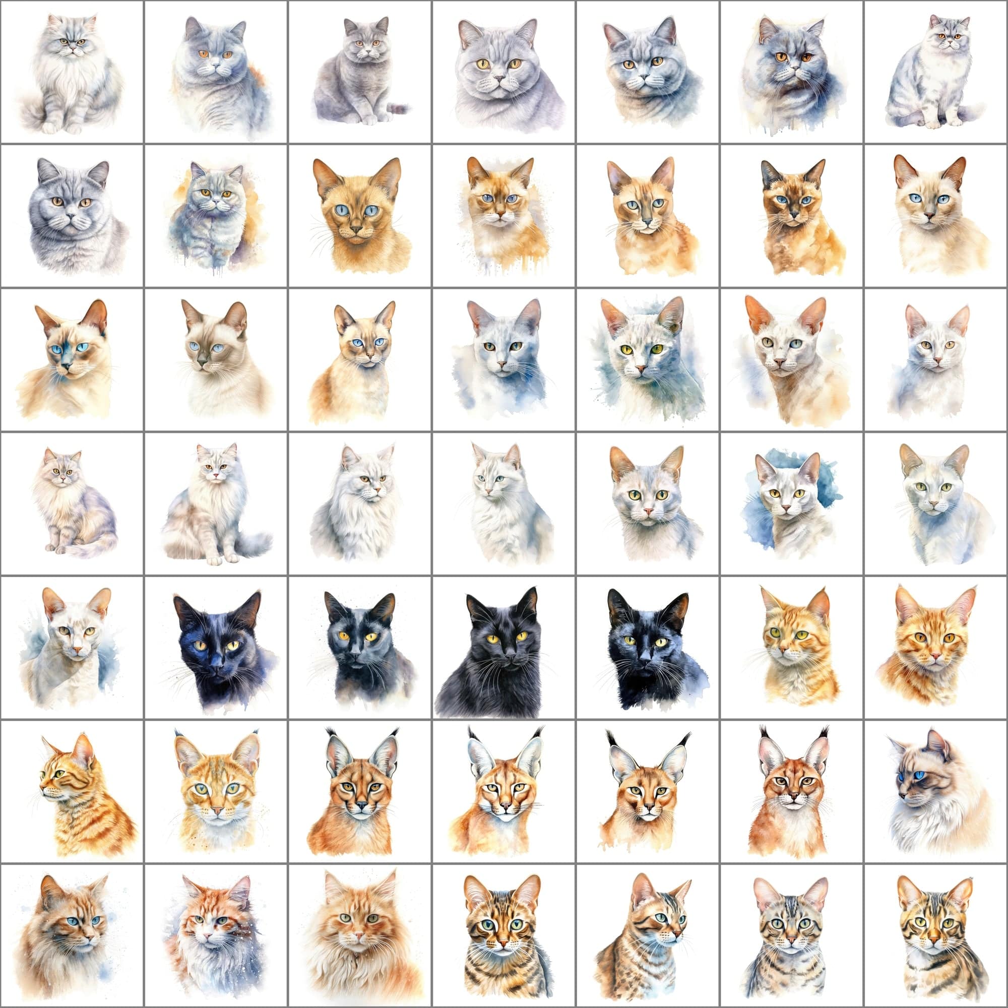 Exquisite Collection of 550 Watercolor Feline Breed Images - Inclusive of Commercial Rights Digital Download Sumobundle