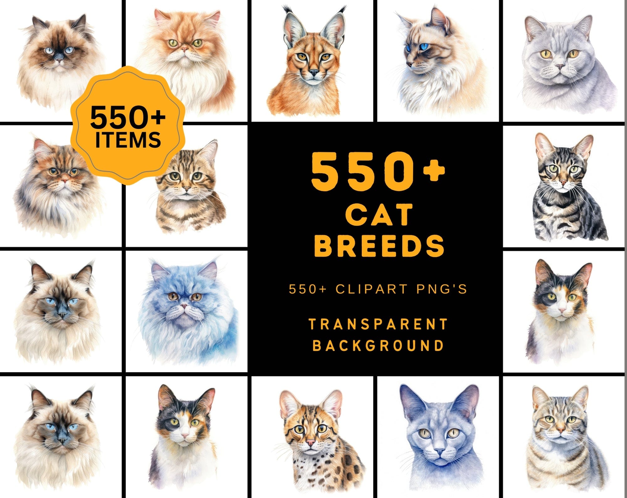 Exquisite Collection of 550 Watercolor Feline Breed Images - Inclusive of Commercial Rights Digital Download Sumobundle