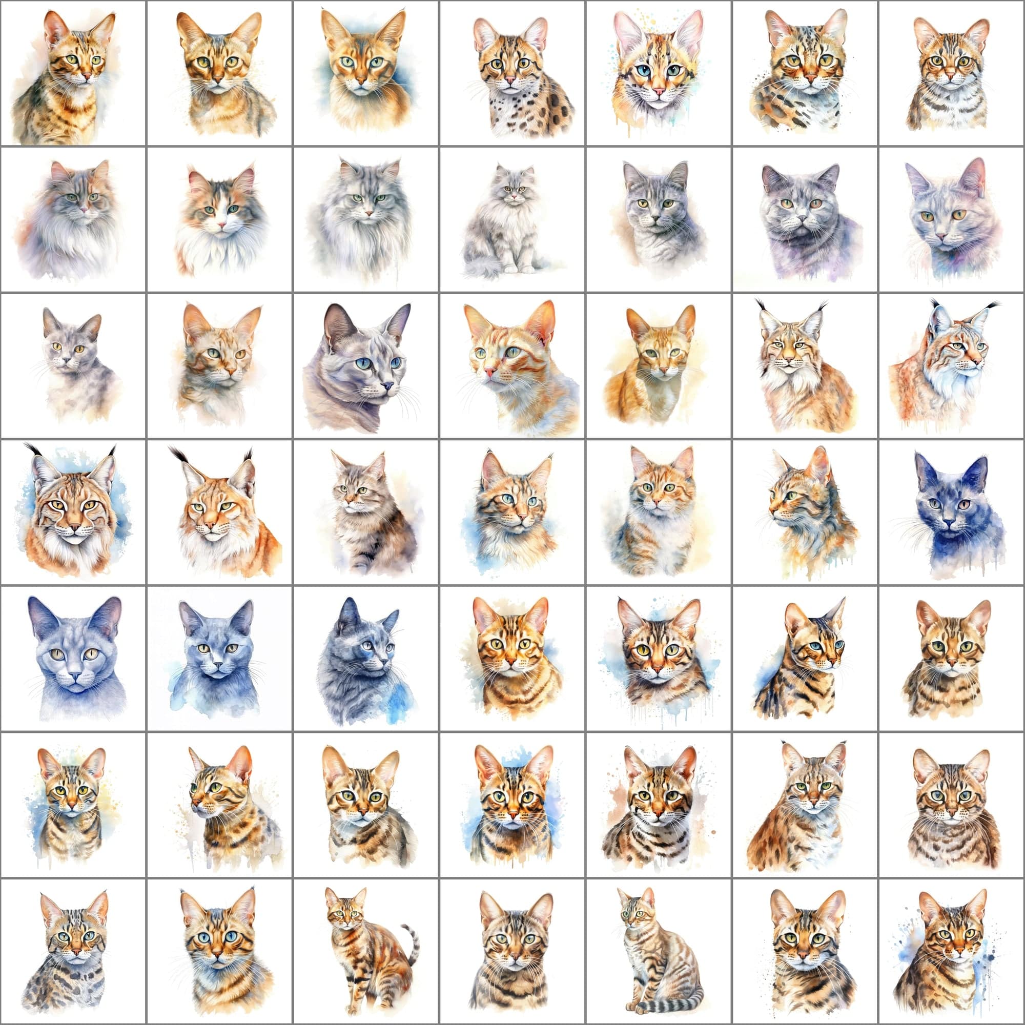 Exquisite Collection of 550 Watercolor Feline Breed Images - Inclusive of Commercial Rights Digital Download Sumobundle