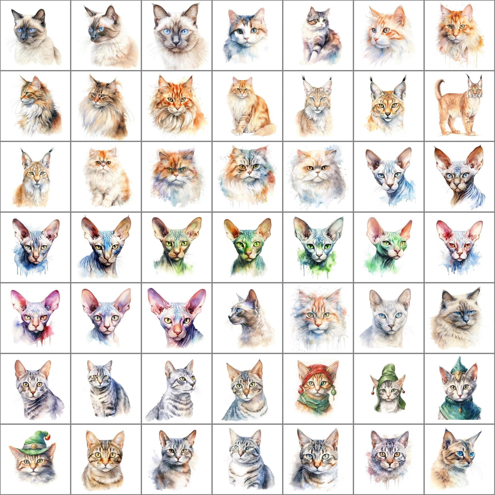 Exquisite Collection of 550 Watercolor Feline Breed Images - Inclusive of Commercial Rights Digital Download Sumobundle