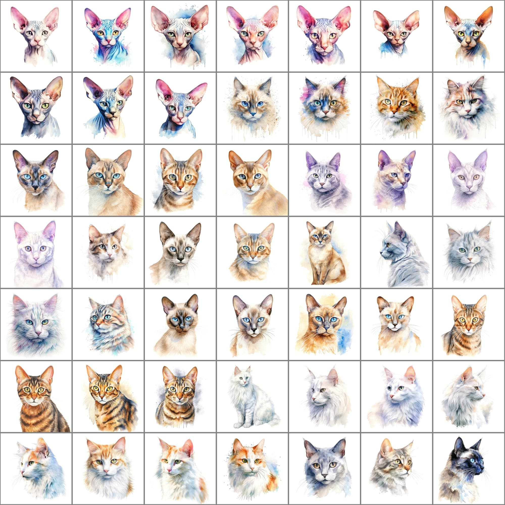 Exquisite Collection of 550 Watercolor Feline Breed Images - Inclusive of Commercial Rights Digital Download Sumobundle
