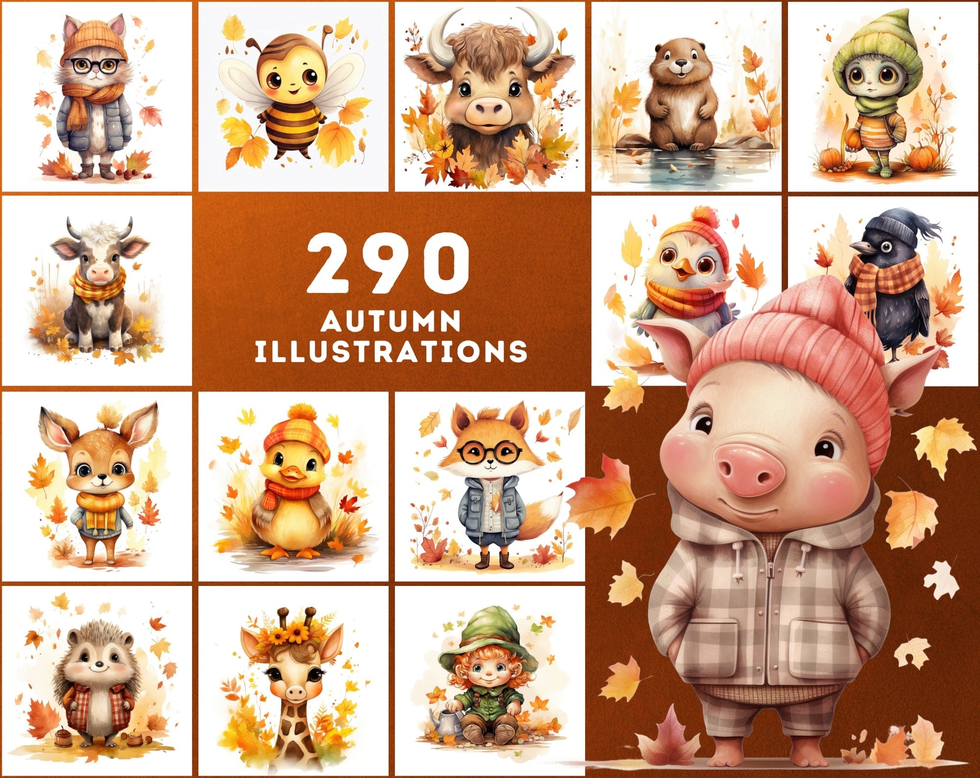 Fall in Love with Autumn: 290 High-Res Animal Illustrations Digital Download Sumobundle