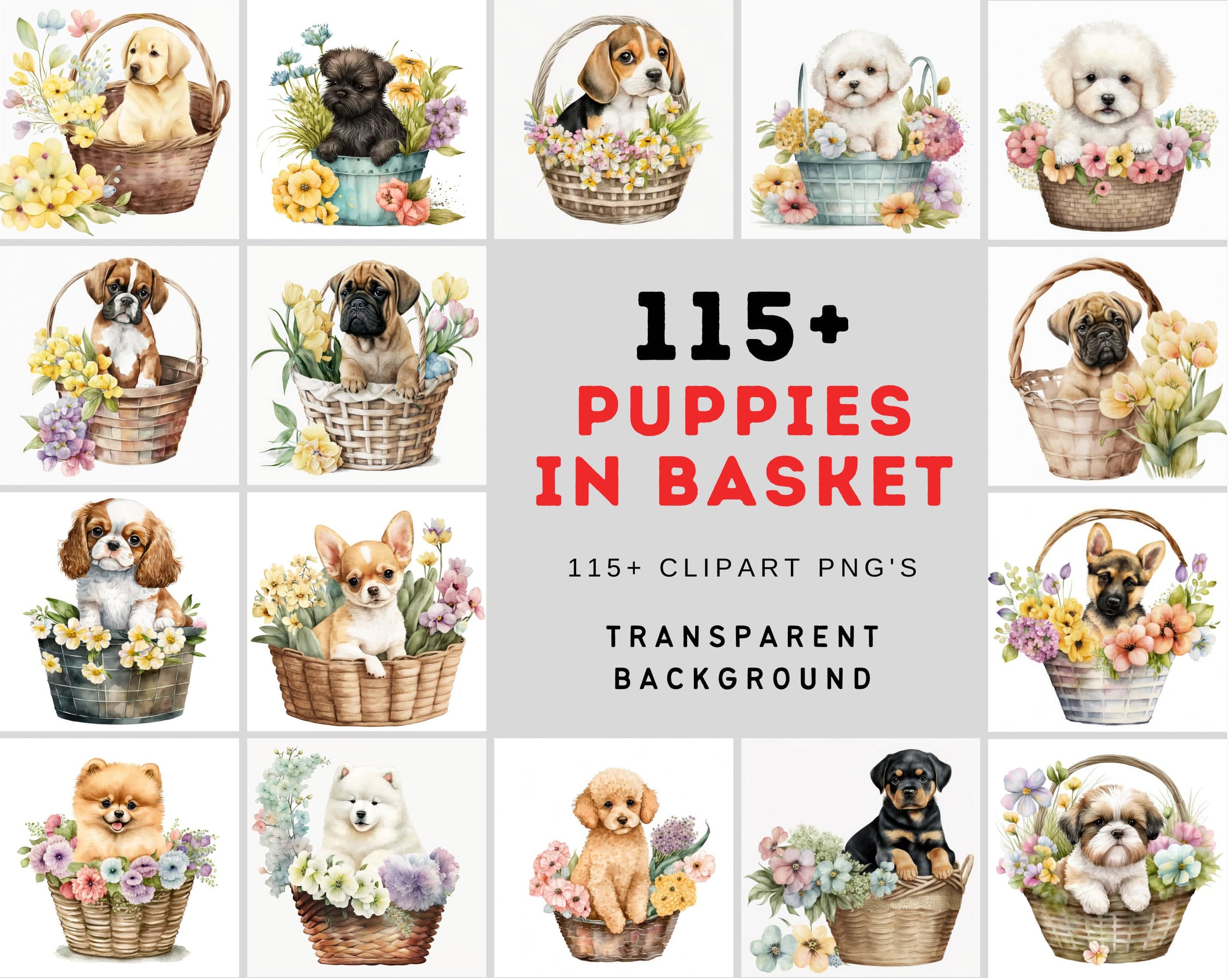 Fall in Love with These Watercolour Transparent 115 Baby Puppies in Basket Clipart, Perfect for Creating Whimsical Designs - Commercial Use Digital Download Sumobundle