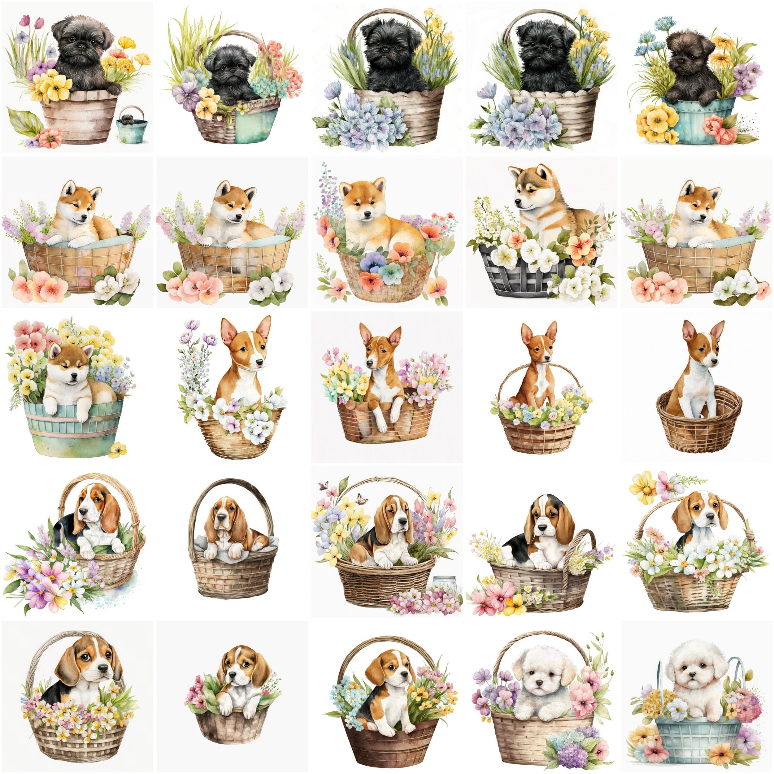 Fall in Love with These Watercolour Transparent 115 Baby Puppies in Basket Clipart, Perfect for Creating Whimsical Designs - Commercial Use Digital Download Sumobundle