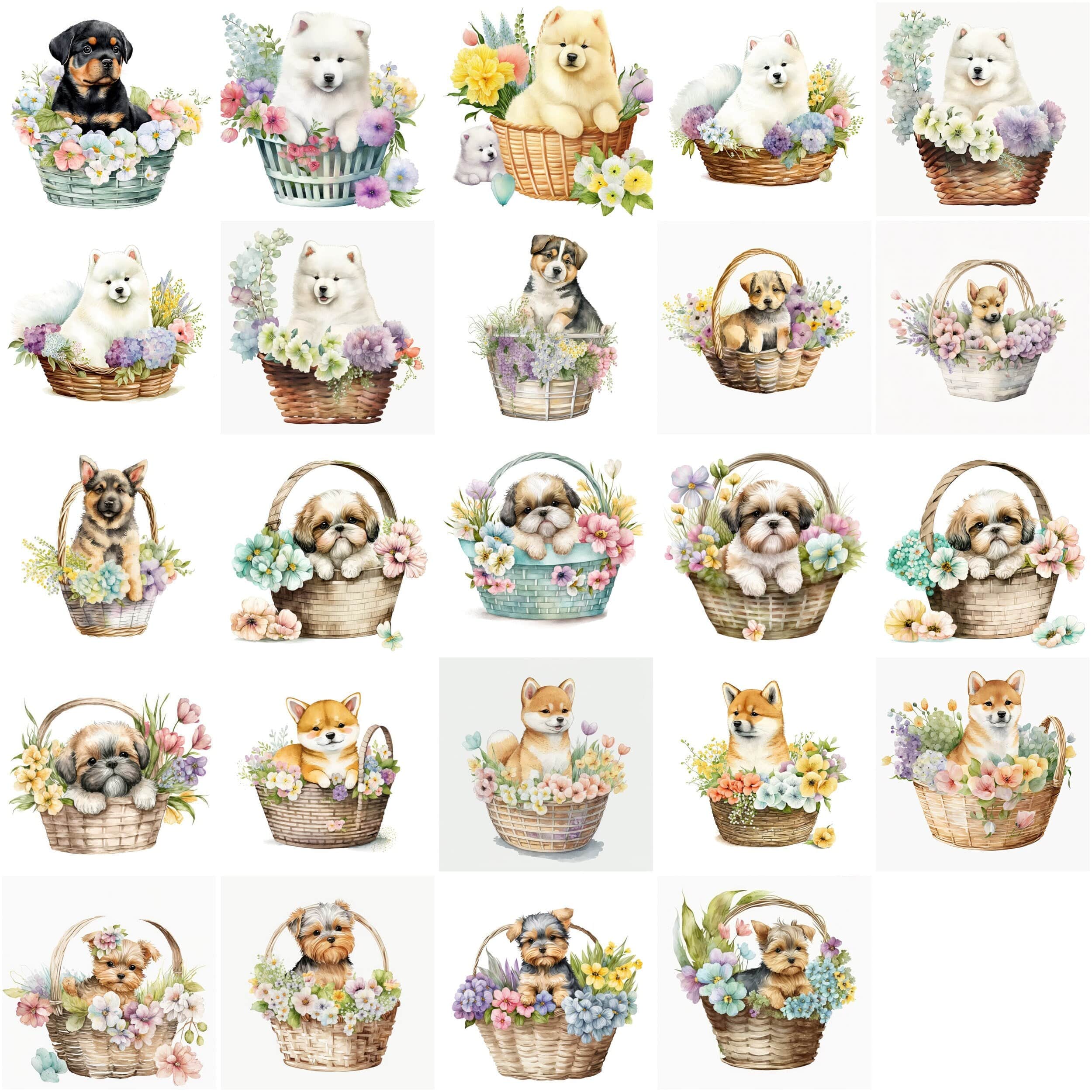Fall in Love with These Watercolour Transparent 115 Baby Puppies in Basket Clipart, Perfect for Creating Whimsical Designs - Commercial Use Digital Download Sumobundle