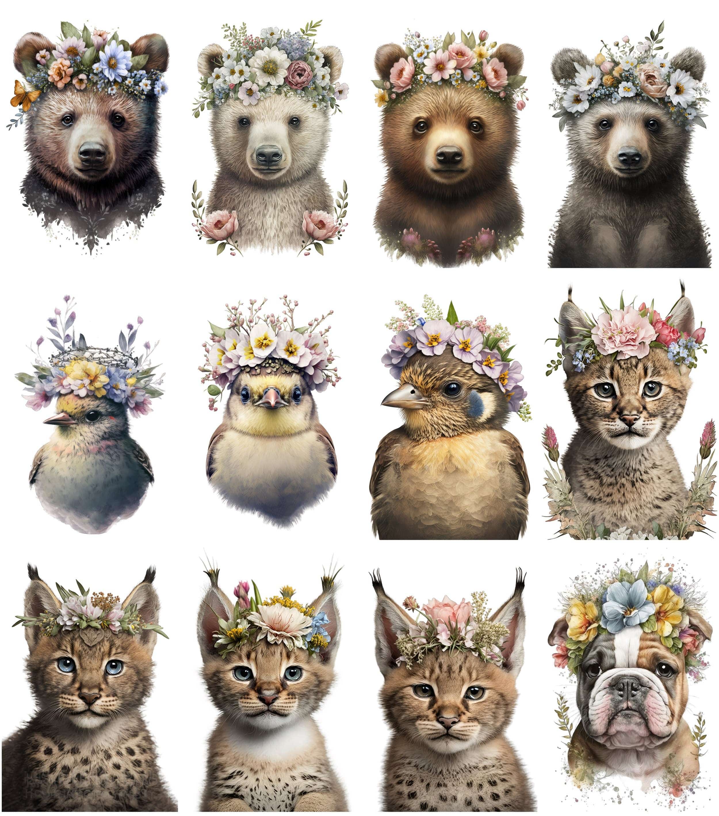 Floral-crowned animals. Baby room wall art. Transparent PNG Watercolor artwork, Preschool Printables. Baby clipart bundle, Commercial Use Digital Download Sumobundle