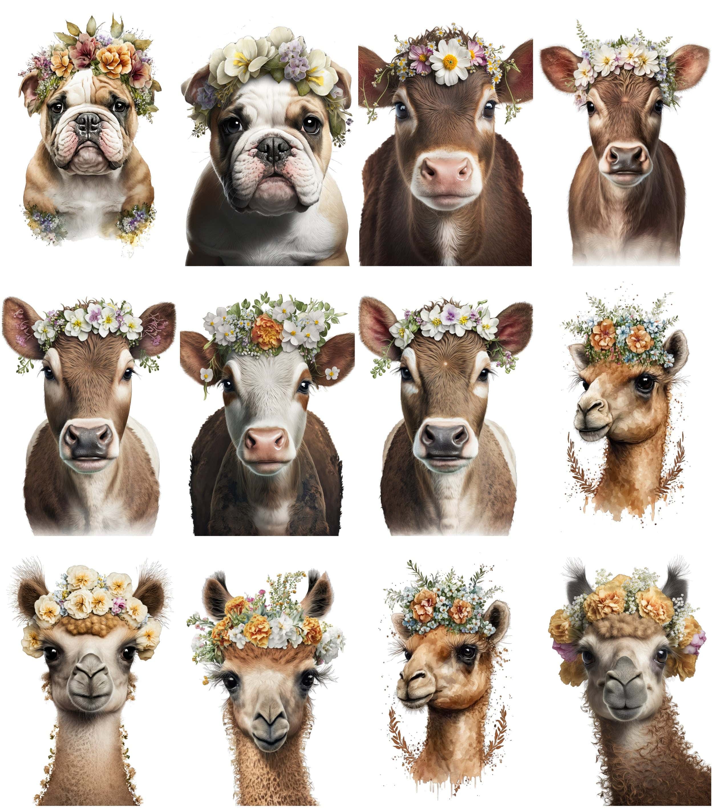 Floral-crowned animals. Baby room wall art. Transparent PNG Watercolor artwork, Preschool Printables. Baby clipart bundle, Commercial Use Digital Download Sumobundle