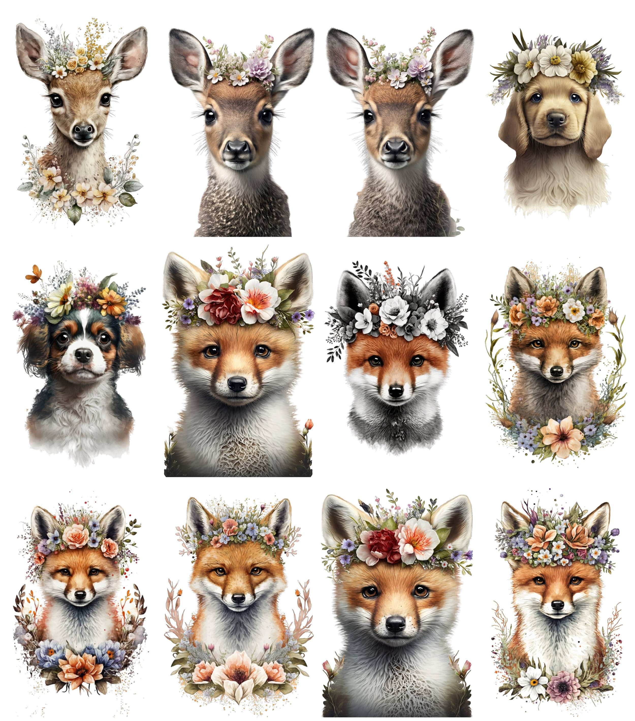 Floral-crowned animals. Baby room wall art. Transparent PNG Watercolor artwork, Preschool Printables. Baby clipart bundle, Commercial Use Digital Download Sumobundle