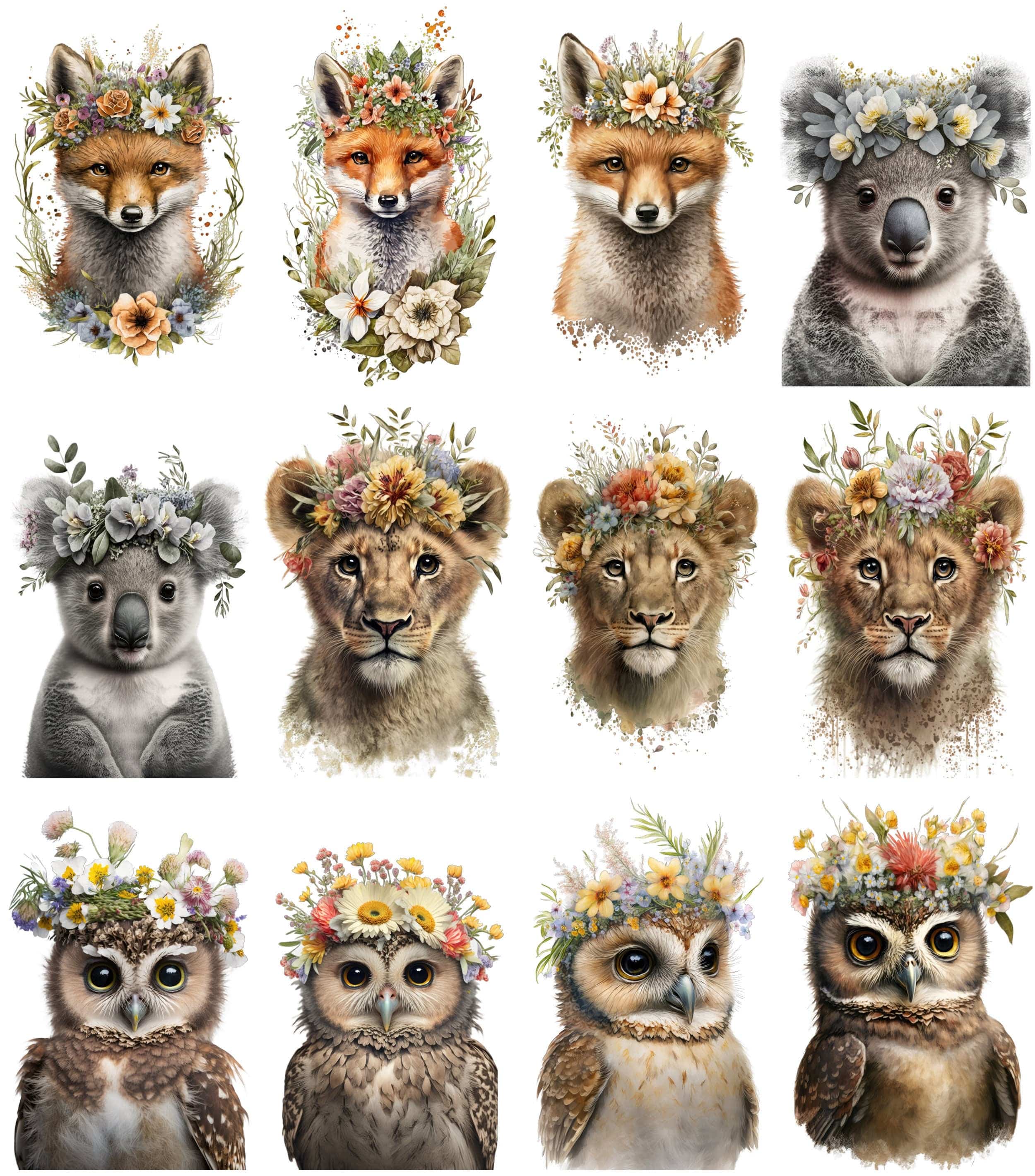 Floral-crowned animals. Baby room wall art. Transparent PNG Watercolor artwork, Preschool Printables. Baby clipart bundle, Commercial Use Digital Download Sumobundle