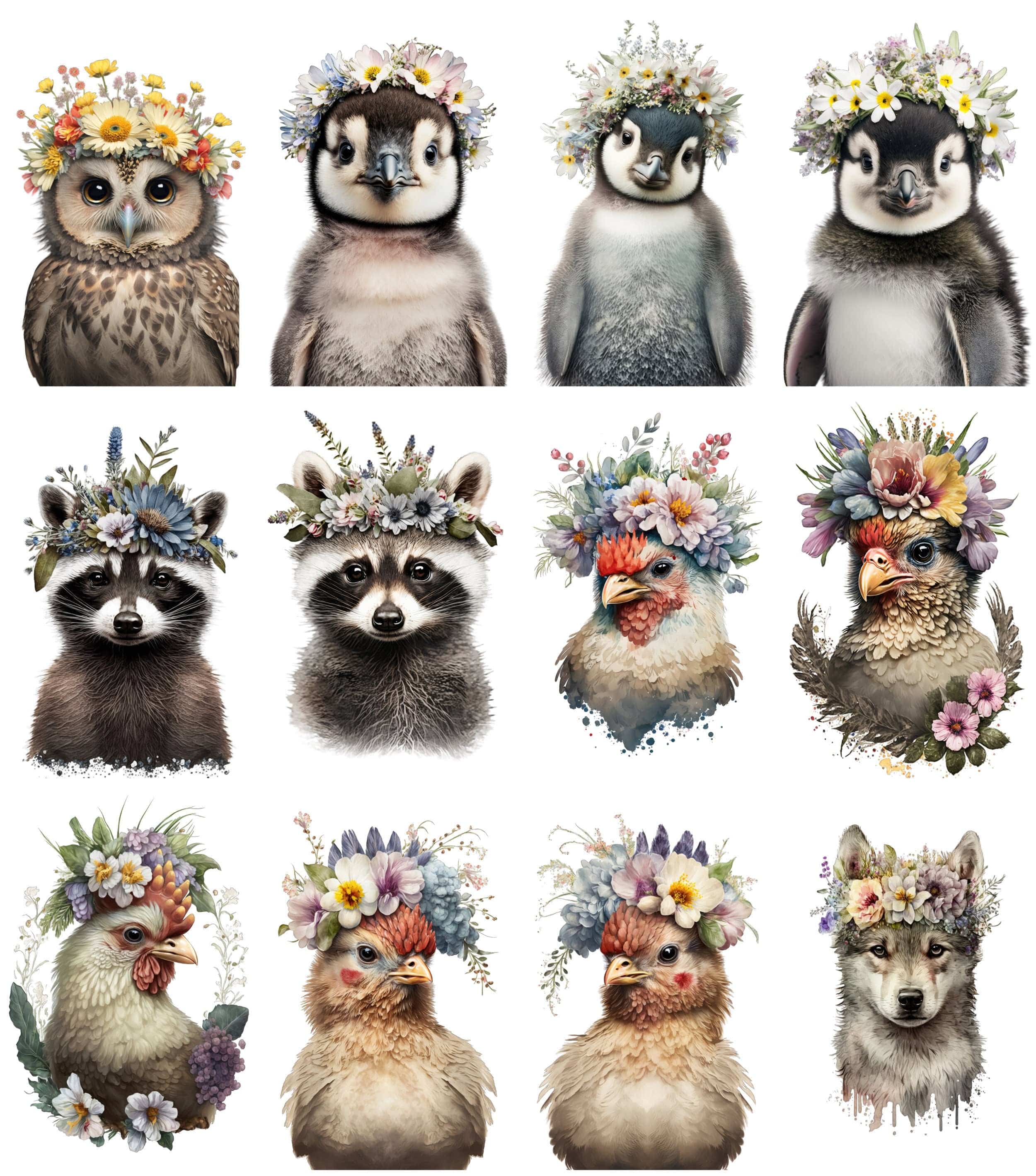 Floral-crowned animals. Baby room wall art. Transparent PNG Watercolor artwork, Preschool Printables. Baby clipart bundle, Commercial Use Digital Download Sumobundle