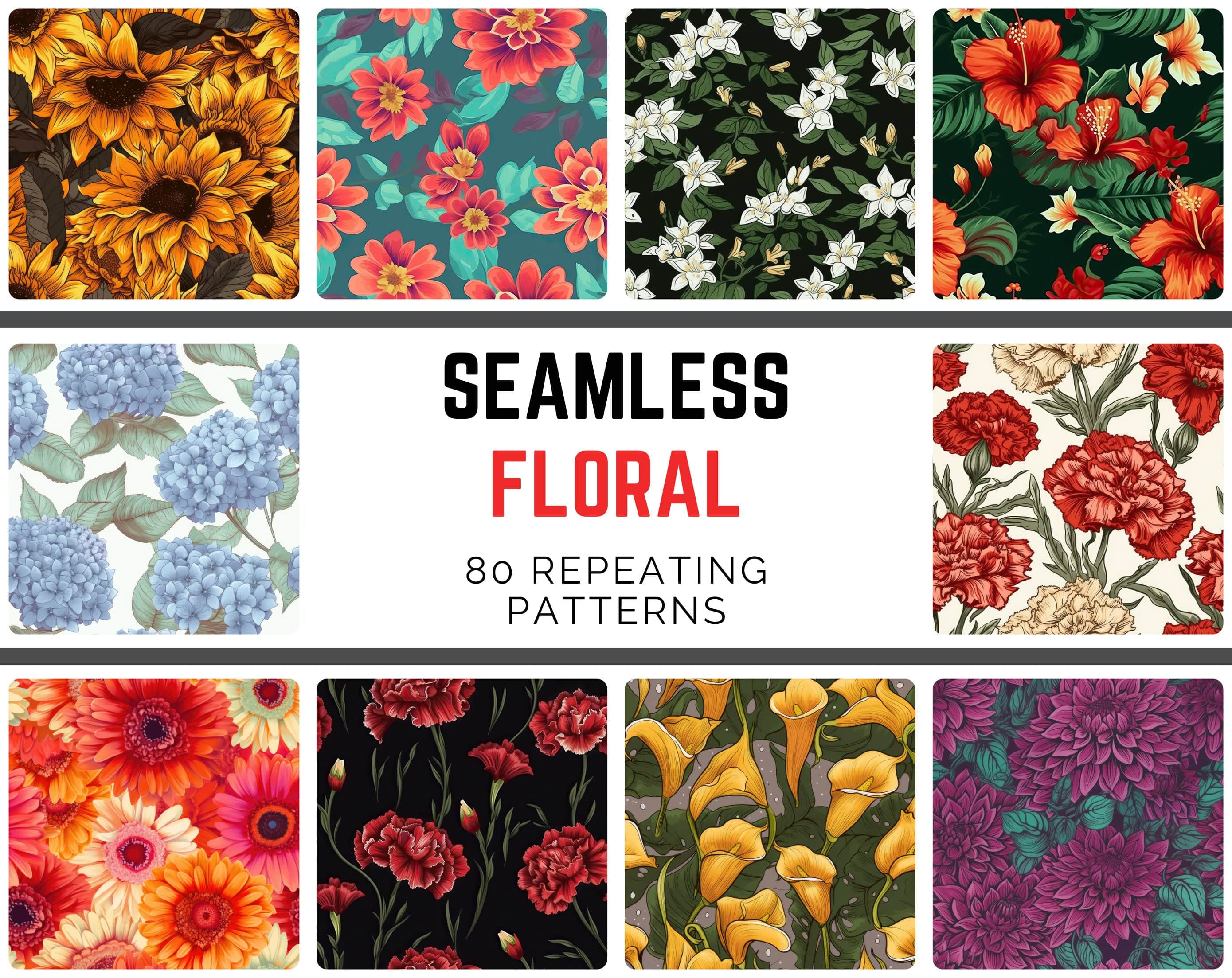 Floral Seamless Patterns Bundle - 80 Beautiful High-Quality Digital Flower Designs for DIY Projects, Crafts & Decor, Repeating patterns Digital Download Sumobundle
