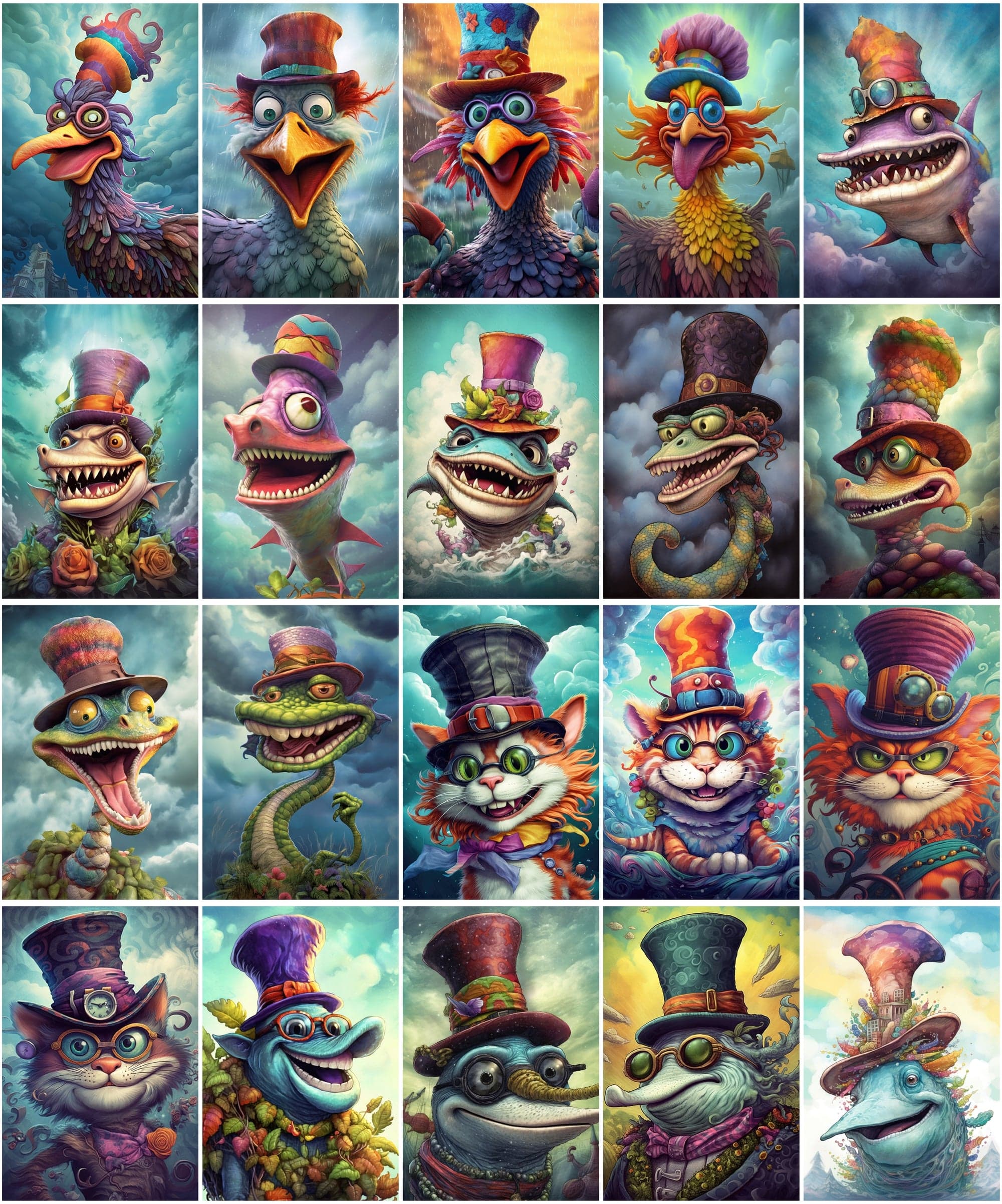 Get 170 Whimsical Surreal Animal PNG Images Bundle, Colourful Characters with Big Grins Digital Download Sumobundle