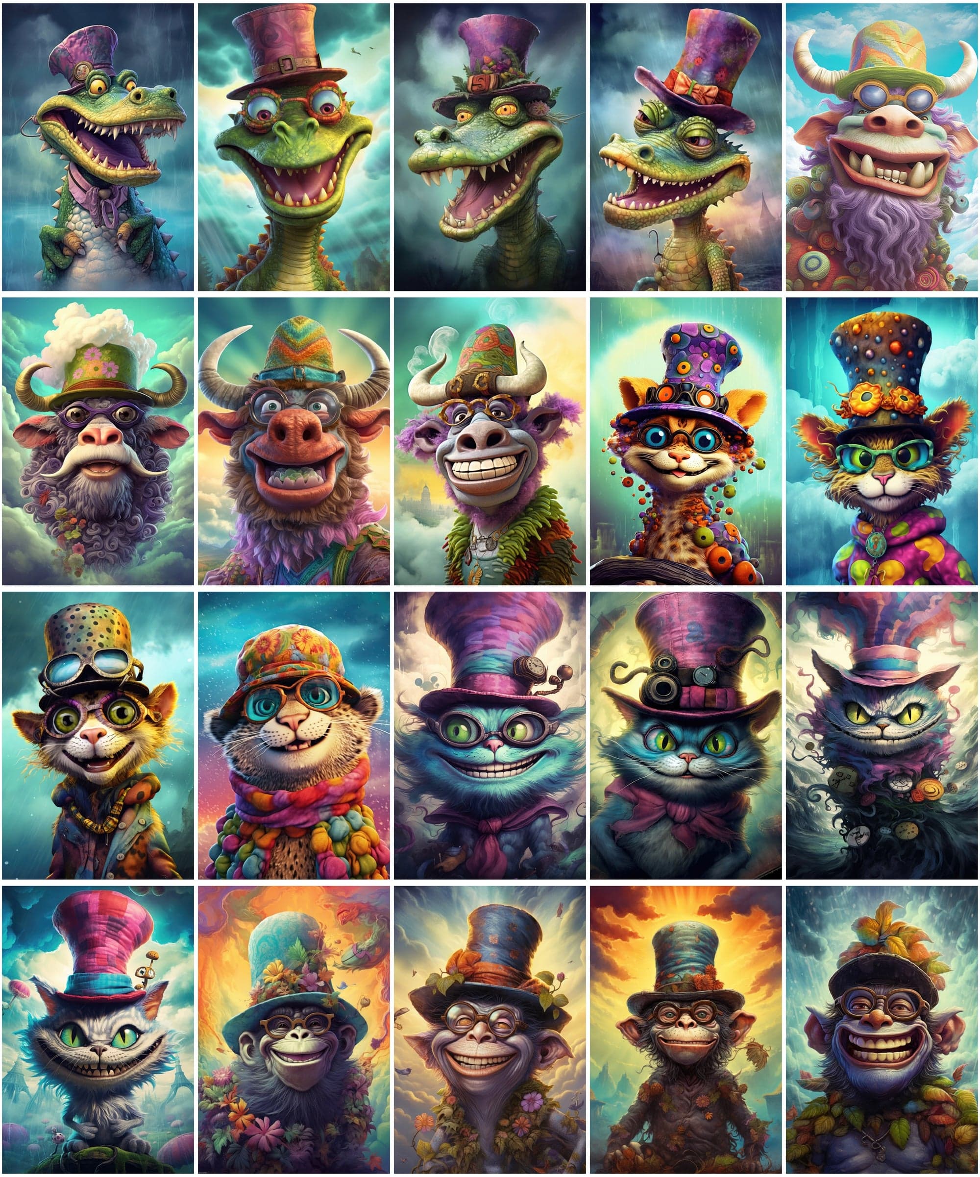 Get 170 Whimsical Surreal Animal PNG Images Bundle, Colourful Characters with Big Grins Digital Download Sumobundle