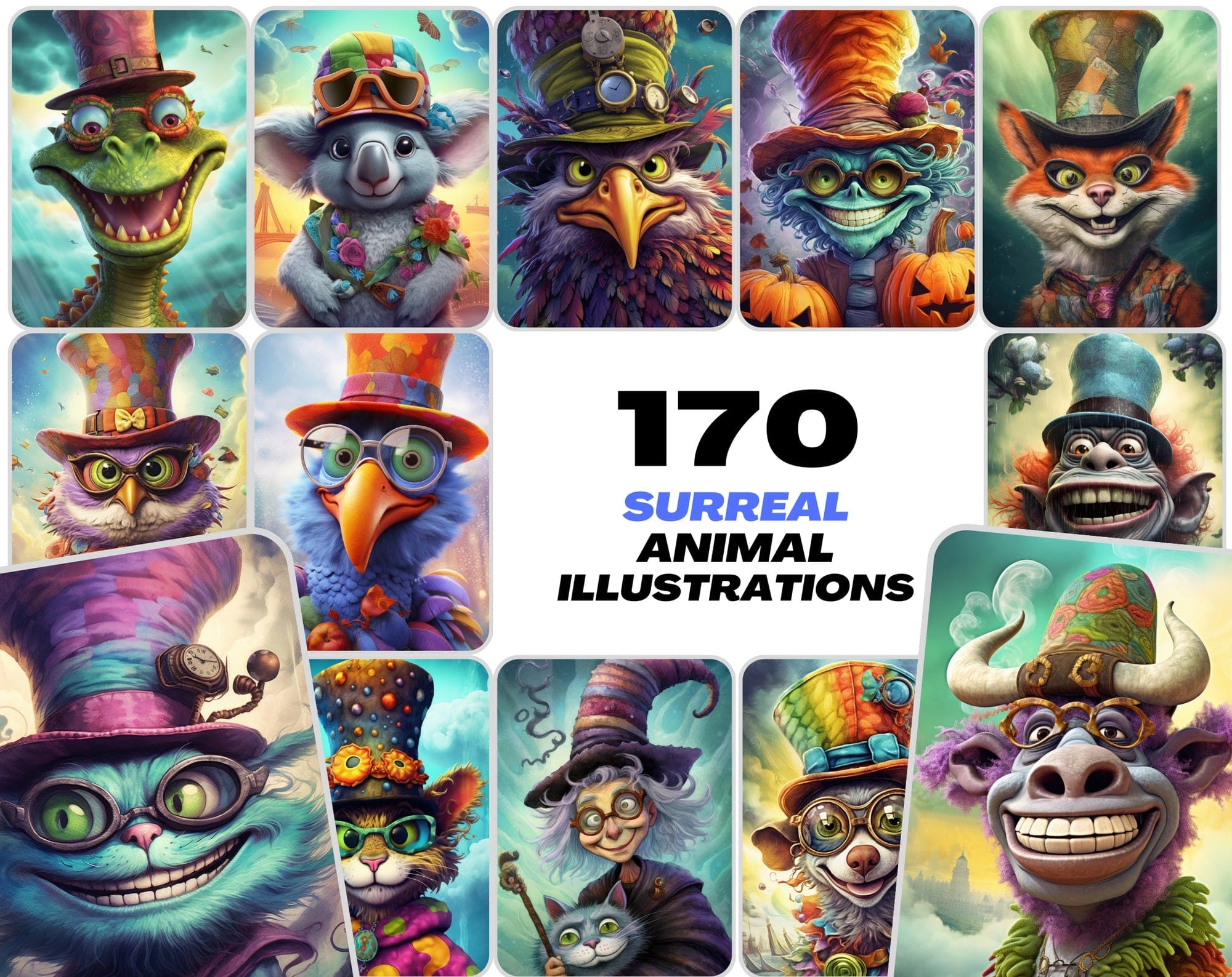 Get 170 Whimsical Surreal Animal PNG Images Bundle, Colourful Characters with Big Grins Digital Download Sumobundle