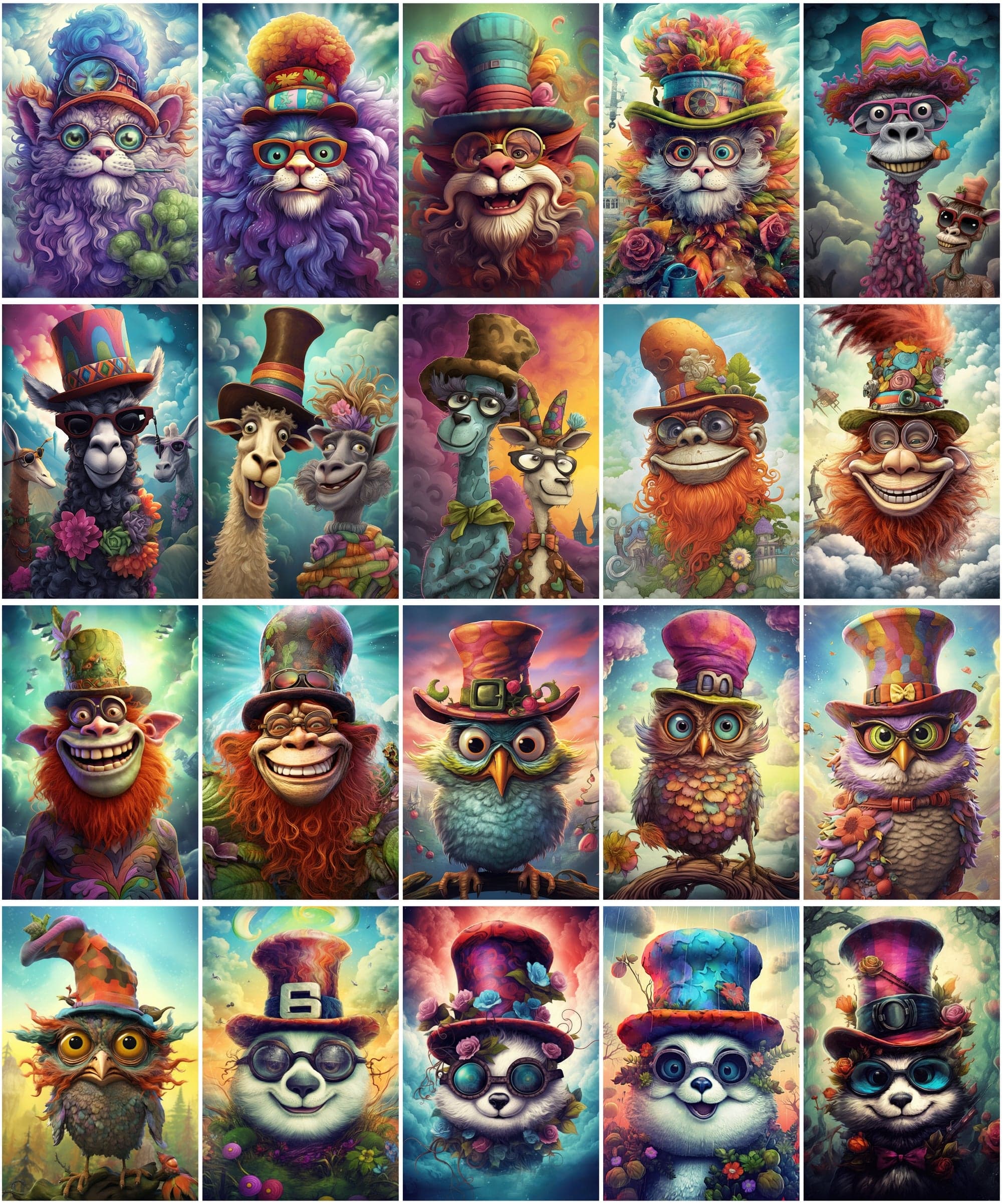 Get 170 Whimsical Surreal Animal PNG Images Bundle, Colourful Characters with Big Grins Digital Download Sumobundle