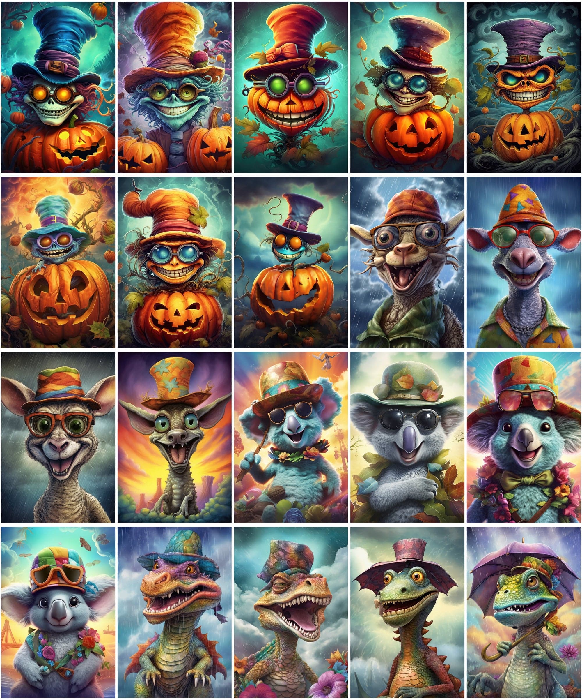 Get 170 Whimsical Surreal Animal PNG Images Bundle, Colourful Characters with Big Grins Digital Download Sumobundle