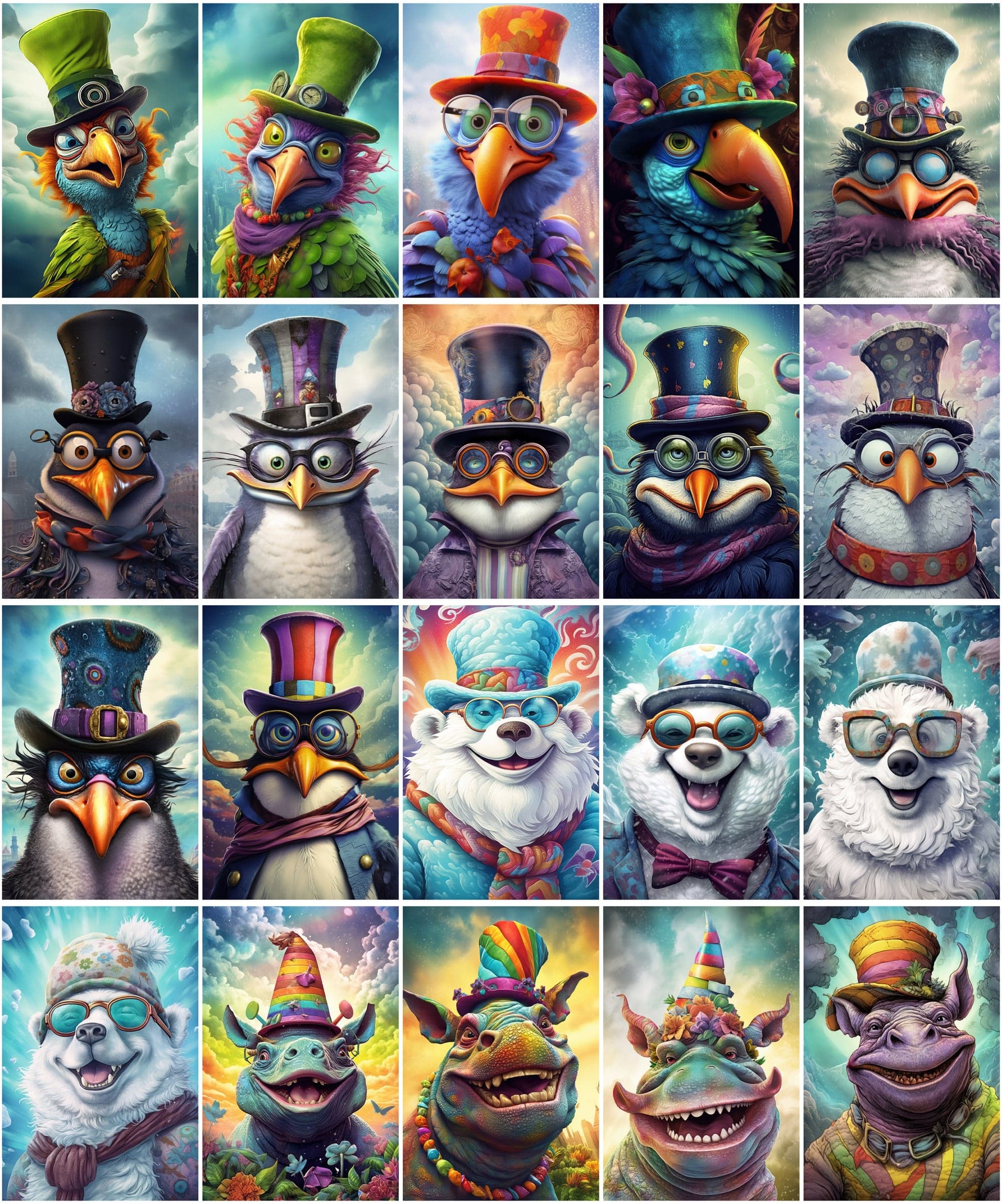 Get 170 Whimsical Surreal Animal PNG Images Bundle, Colourful Characters with Big Grins Digital Download Sumobundle