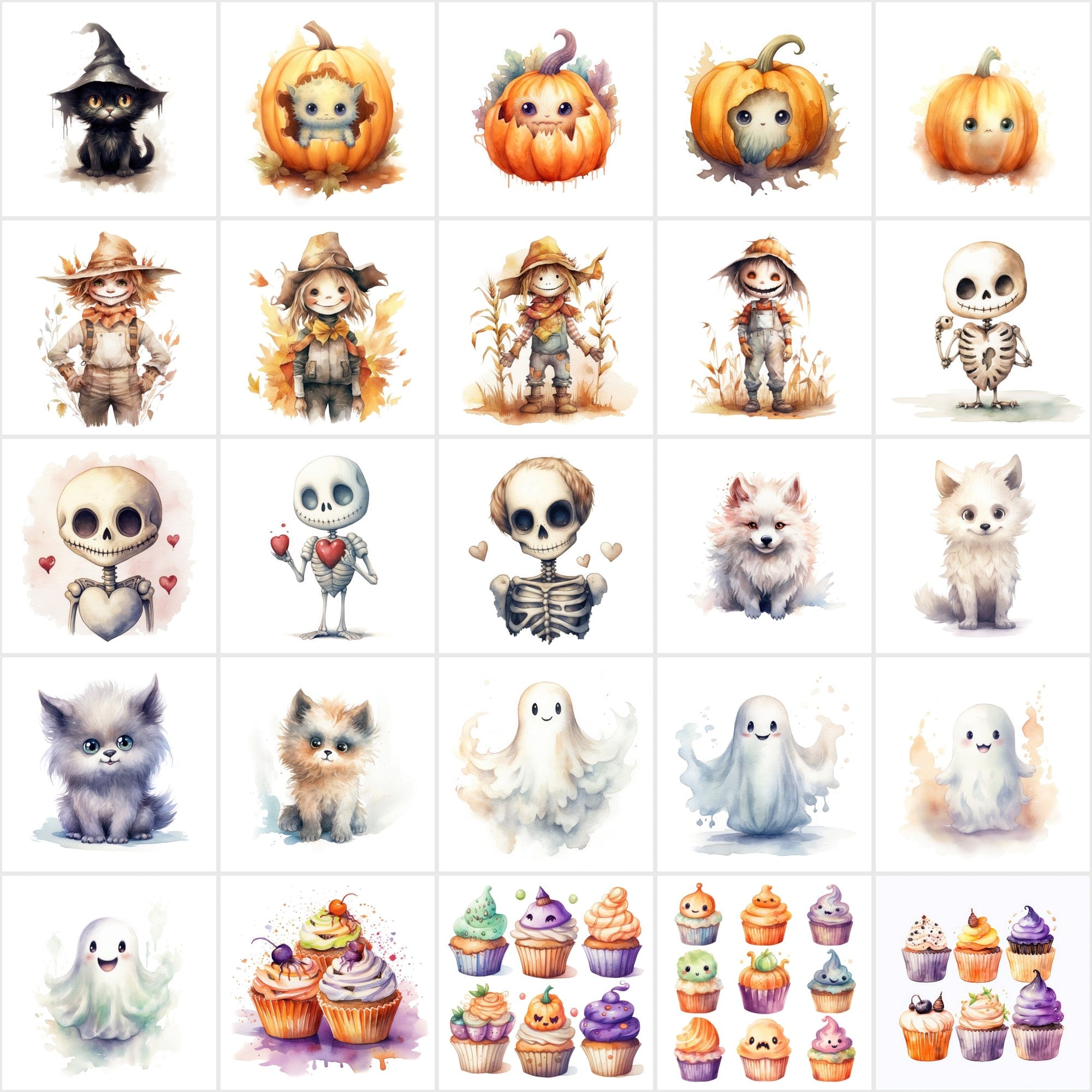 Halloween Watercolor Illustrations: 195 PNGs with Commercial License Digital Download Sumobundle