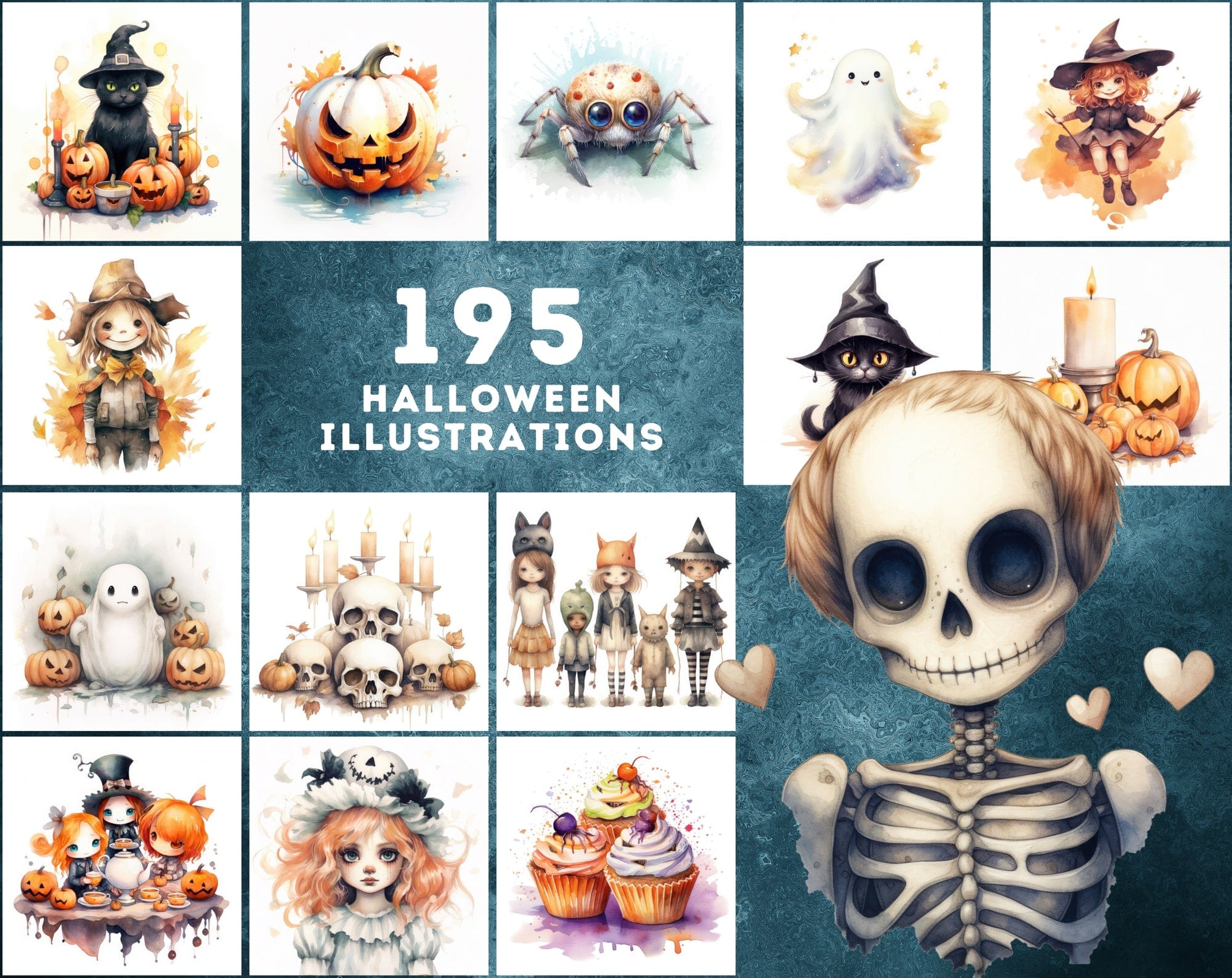 Halloween Watercolor Illustrations: 195 PNGs with Commercial License Digital Download Sumobundle