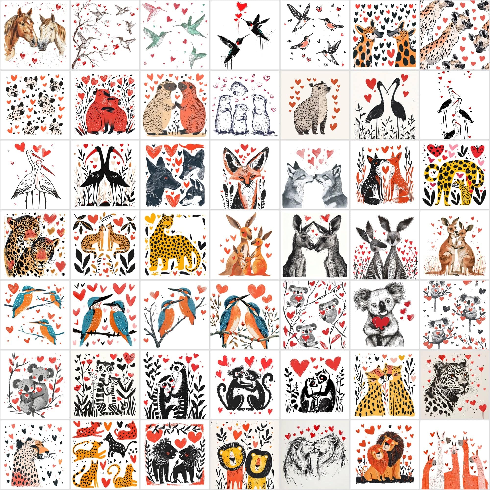 Hand-Drawn Animal Heart Illustrations - Unique, Funny Digital Art with Commercial License Digital Download Sumobundle