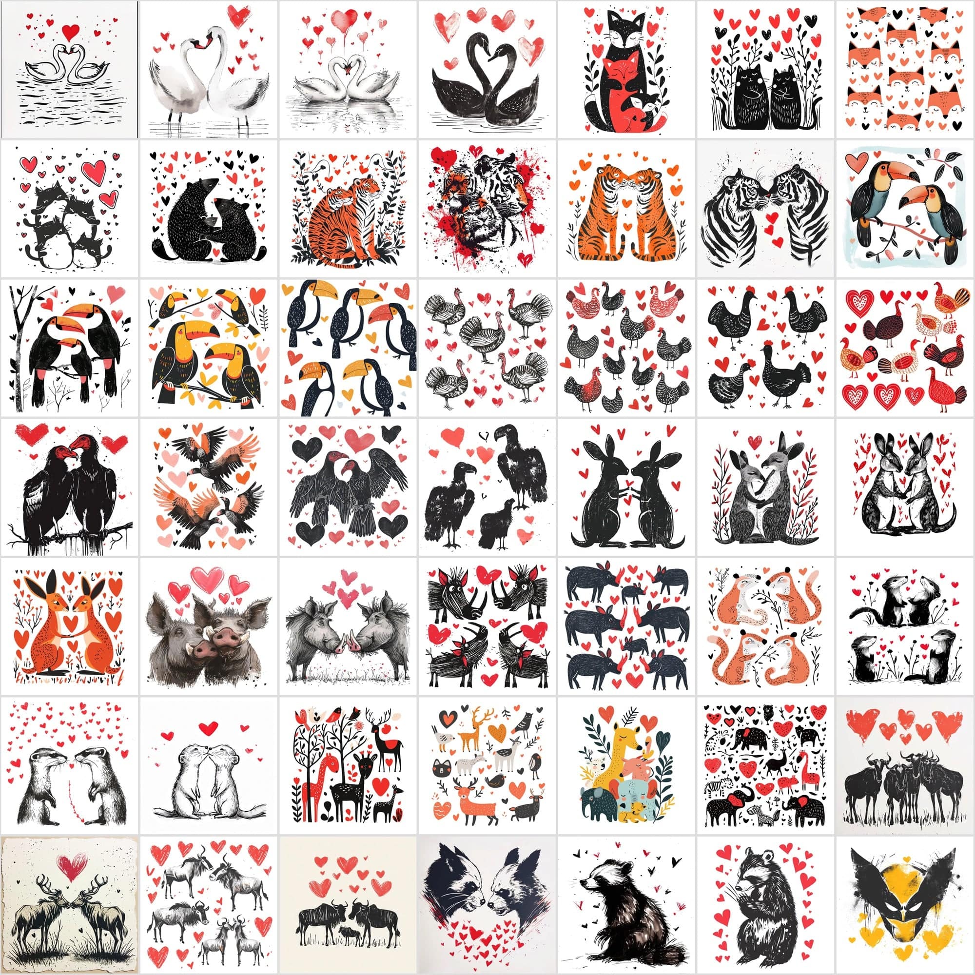 Hand-Drawn Animal Heart Illustrations - Unique, Funny Digital Art with Commercial License Digital Download Sumobundle