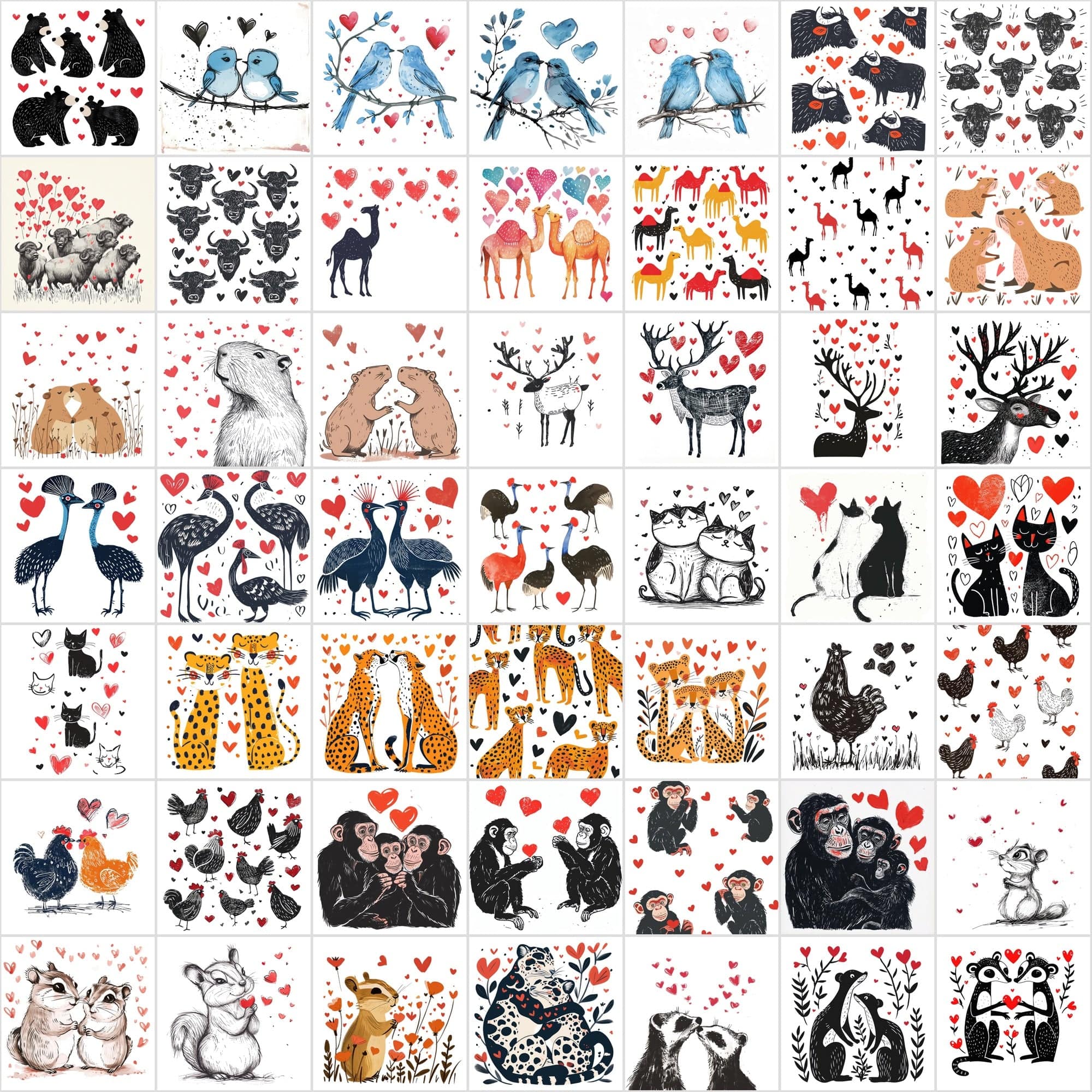 Hand-Drawn Animal Heart Illustrations - Unique, Funny Digital Art with Commercial License Digital Download Sumobundle