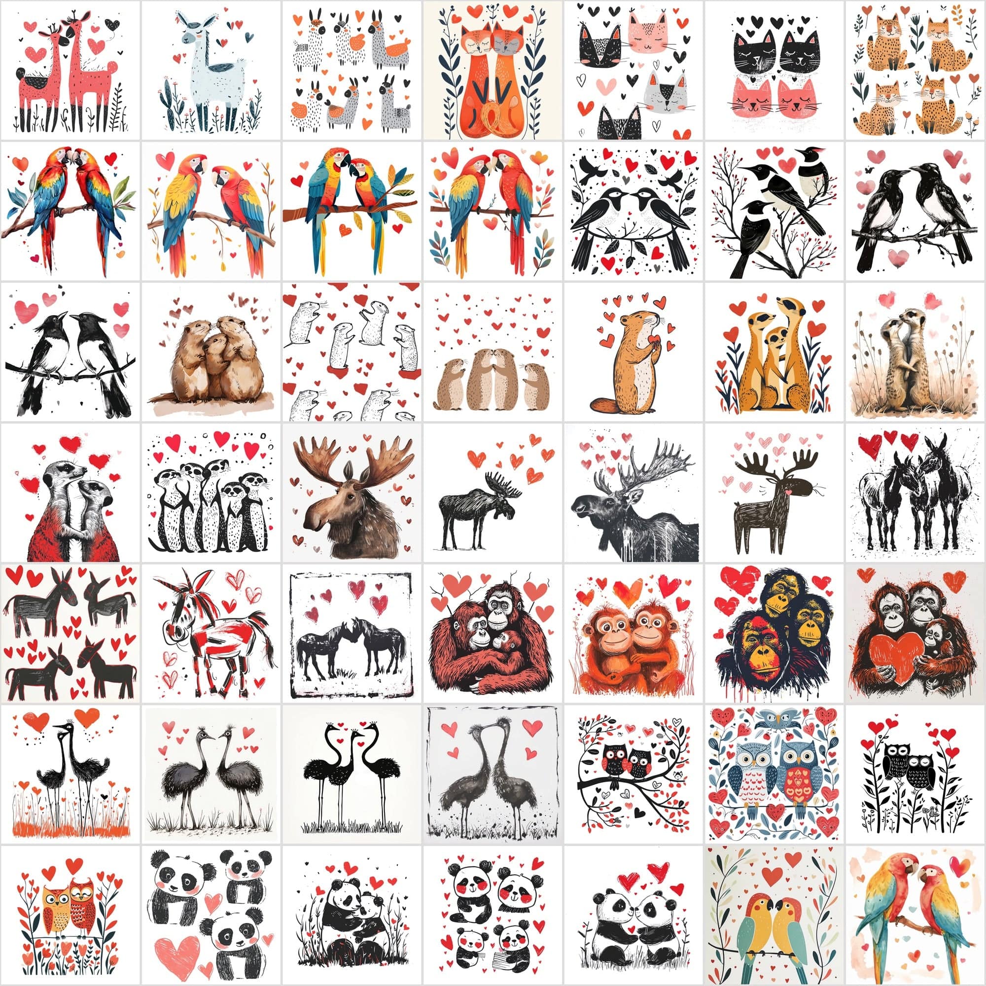 Hand-Drawn Animal Heart Illustrations - Unique, Funny Digital Art with Commercial License Digital Download Sumobundle