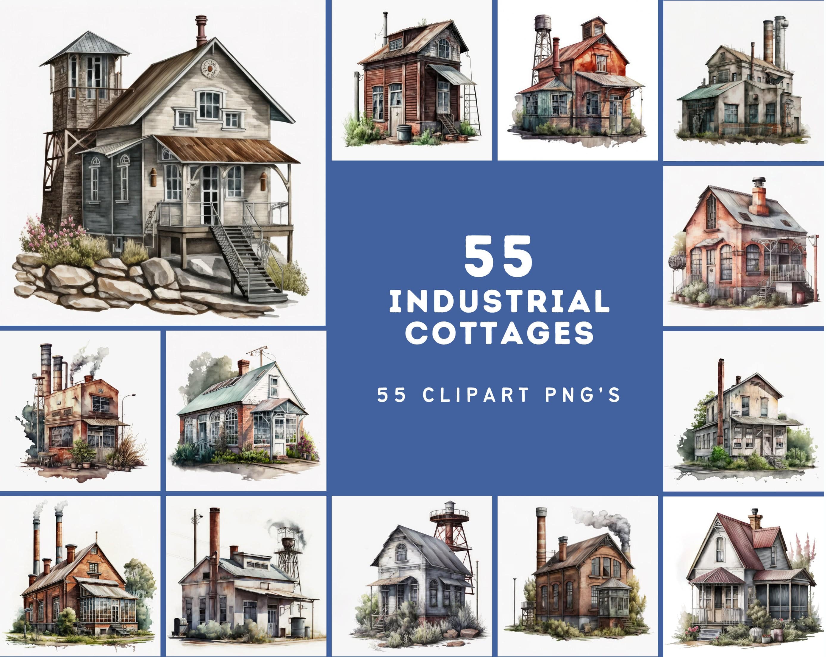 Industrial Cottage Watercolor Bundle - 55 Unique Designs, Rustic Houses PNGs, No Background Option, Printable Wall Art Decor Digital Download Sumobundle