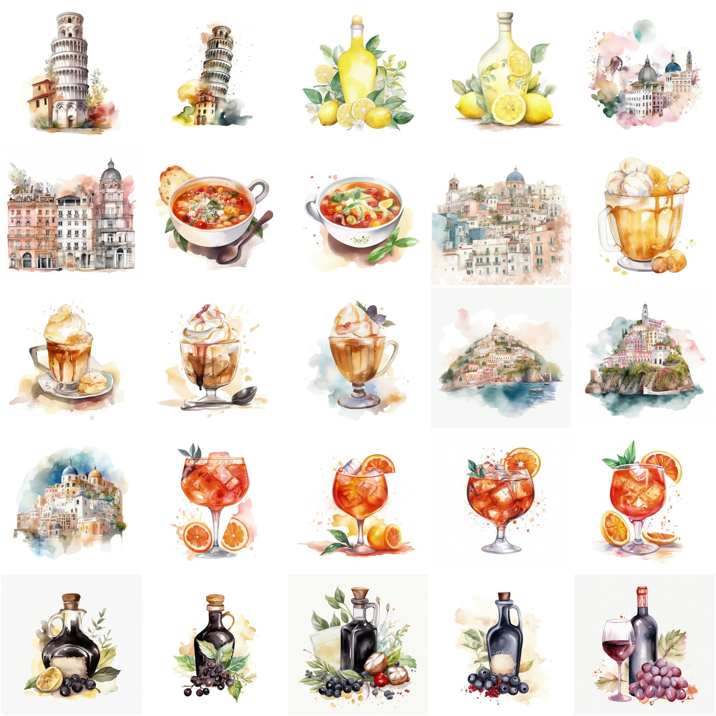 Italian Watercolor Elements, 180 High-Resolution Images with Commercial License Digital Download Sumobundle