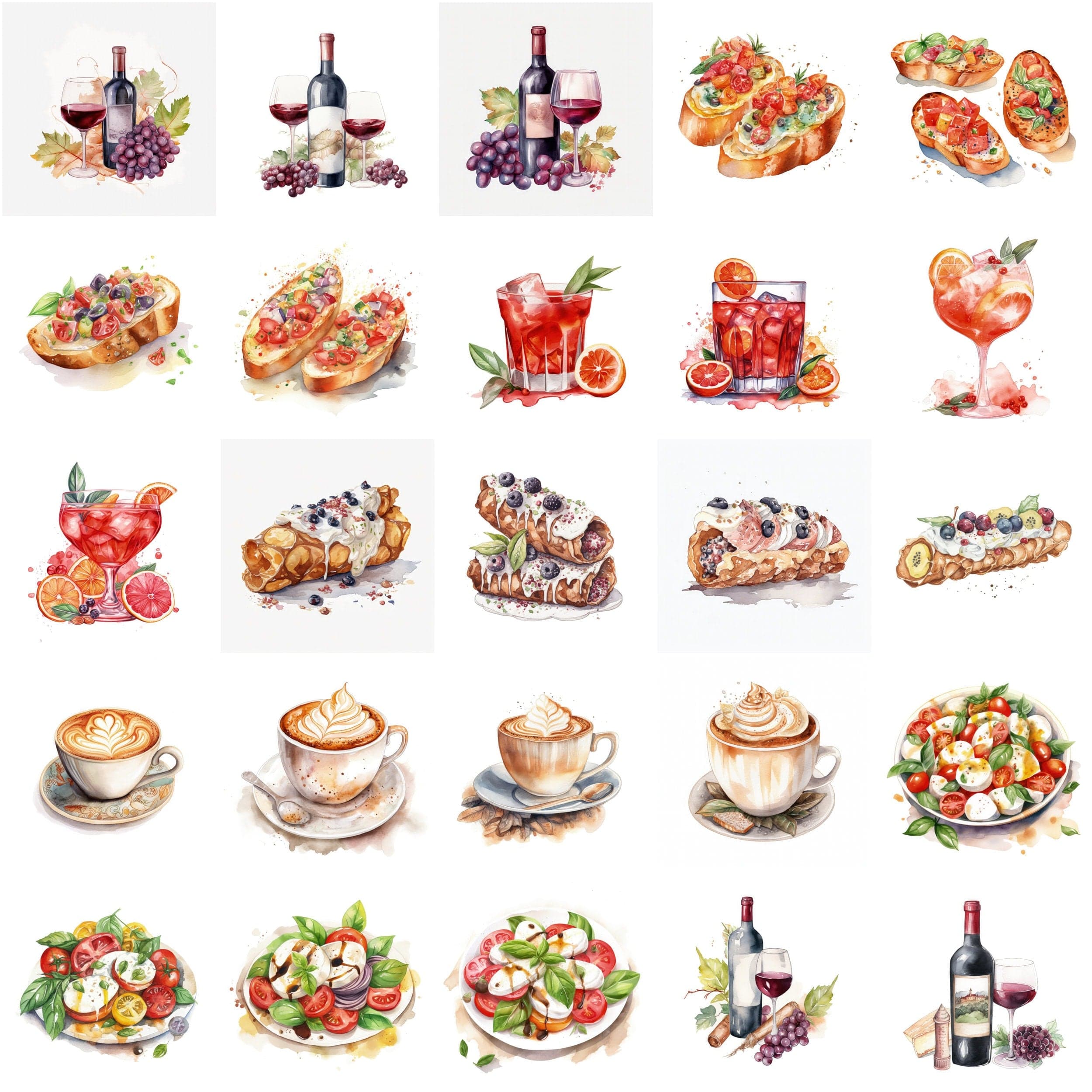 Italian Watercolor Elements, 180 High-Resolution Images with Commercial License Digital Download Sumobundle