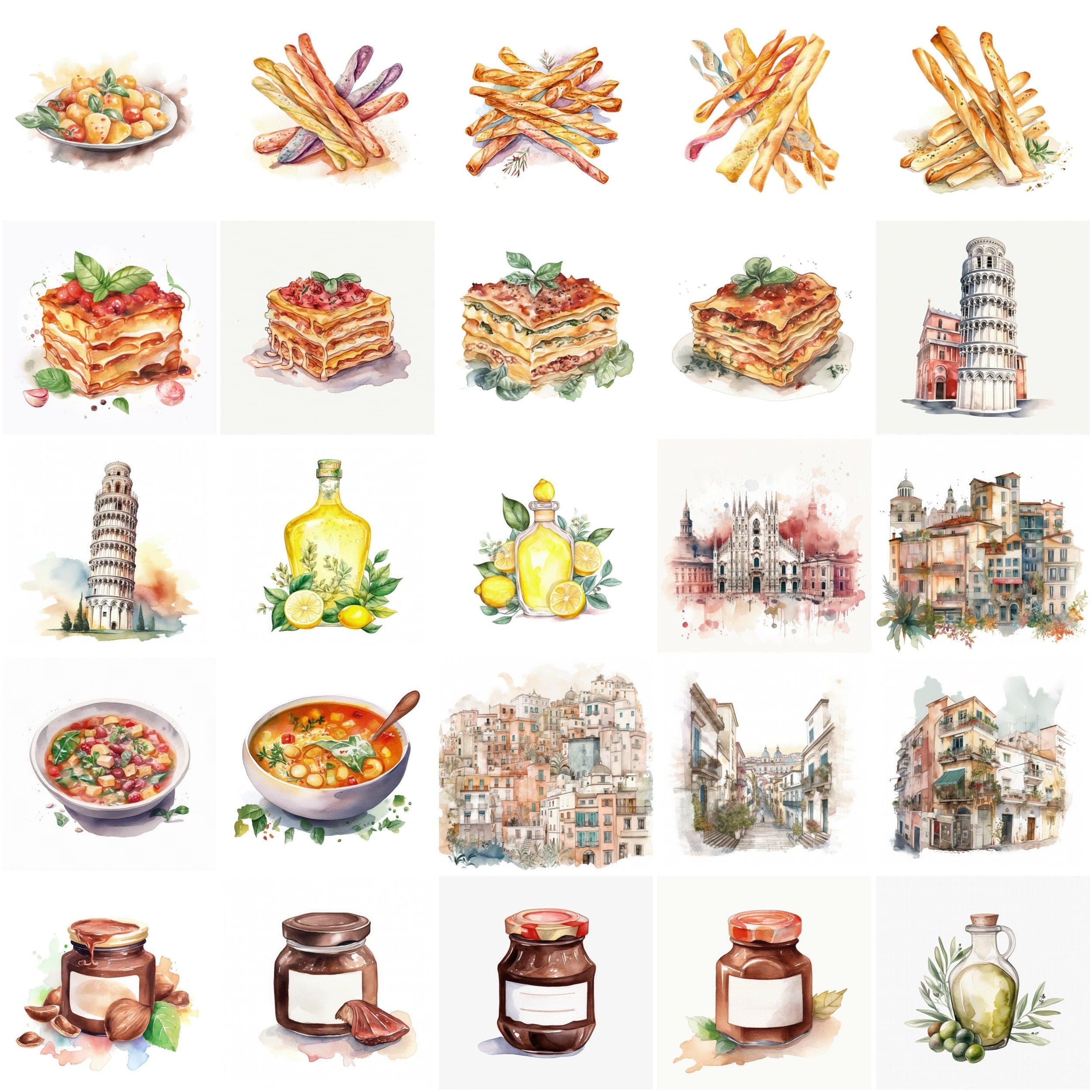 Italian Watercolor Elements, 180 High-Resolution Images with Commercial License Digital Download Sumobundle