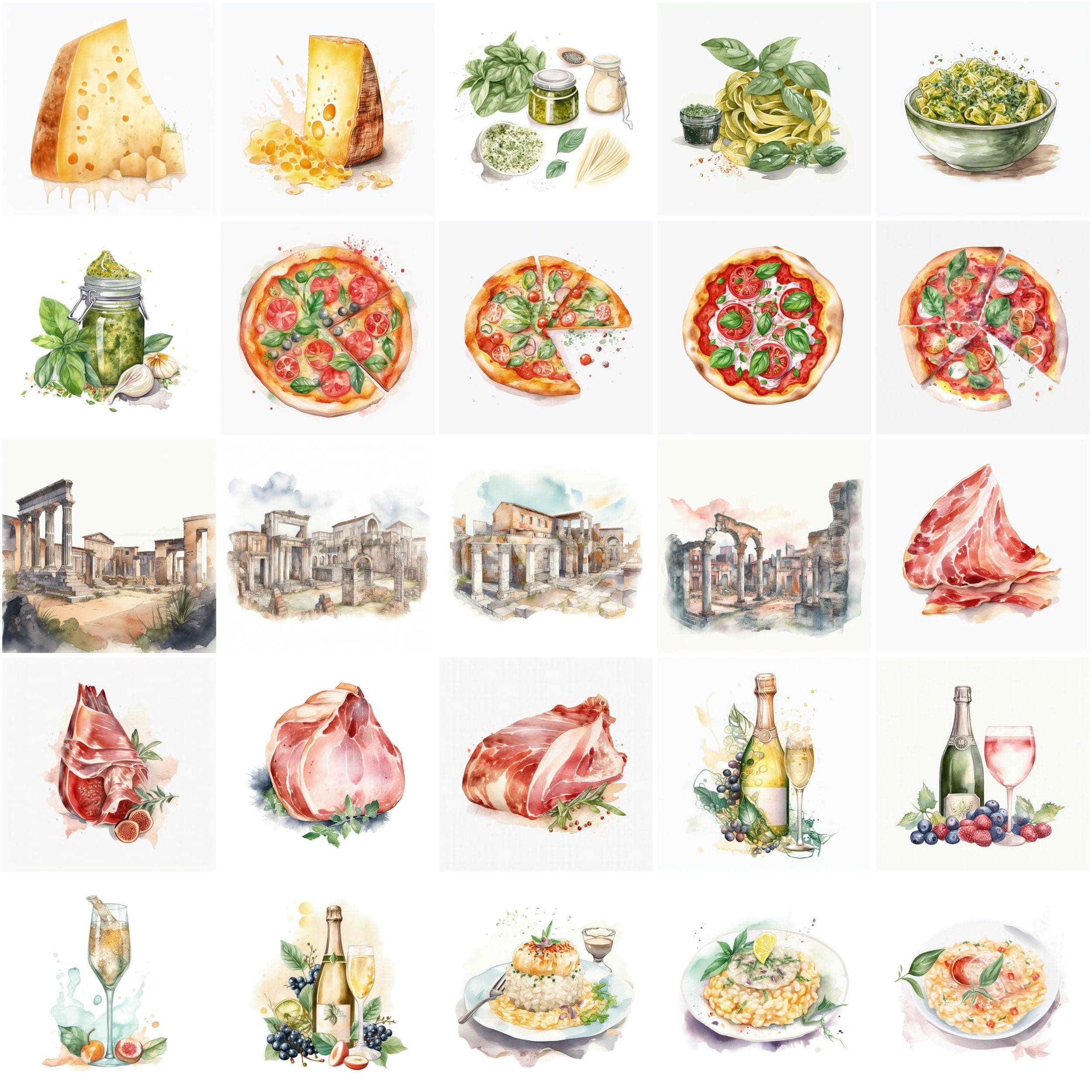 Italian Watercolor Elements, 180 High-Resolution Images with Commercial License Digital Download Sumobundle