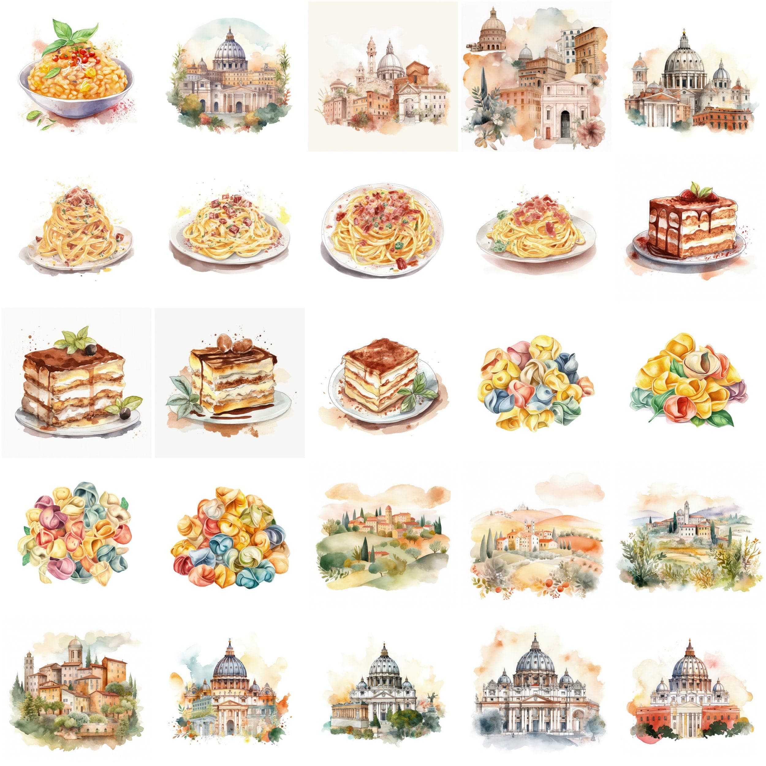 Italian Watercolor Elements, 180 High-Resolution Images with Commercial License Digital Download Sumobundle