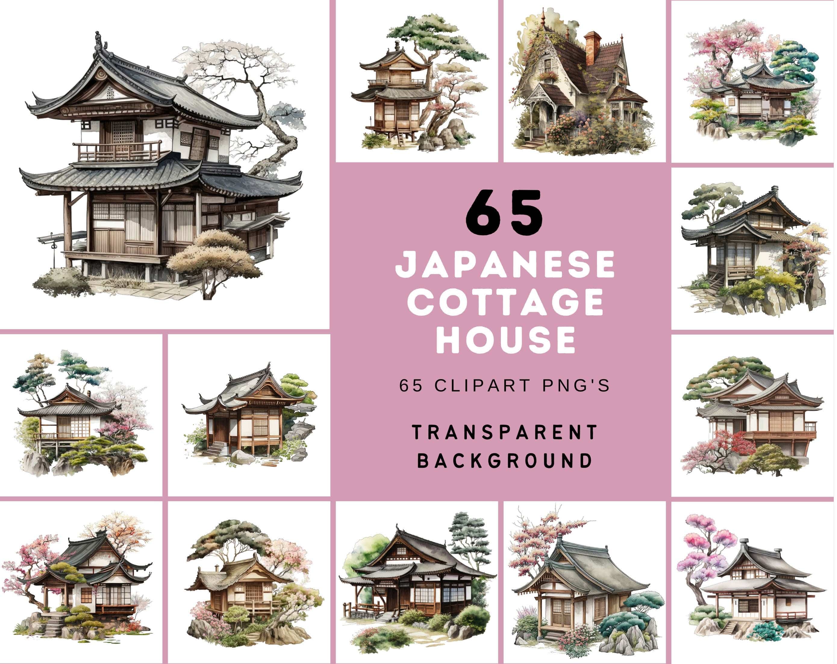 Japanese Cottage House Watercolor Bundle, 60 Images with Japanese PNG Houses, Cottage clipart, Japanese Cottage clipart, Japanese Houses Digital Download Sumobundle