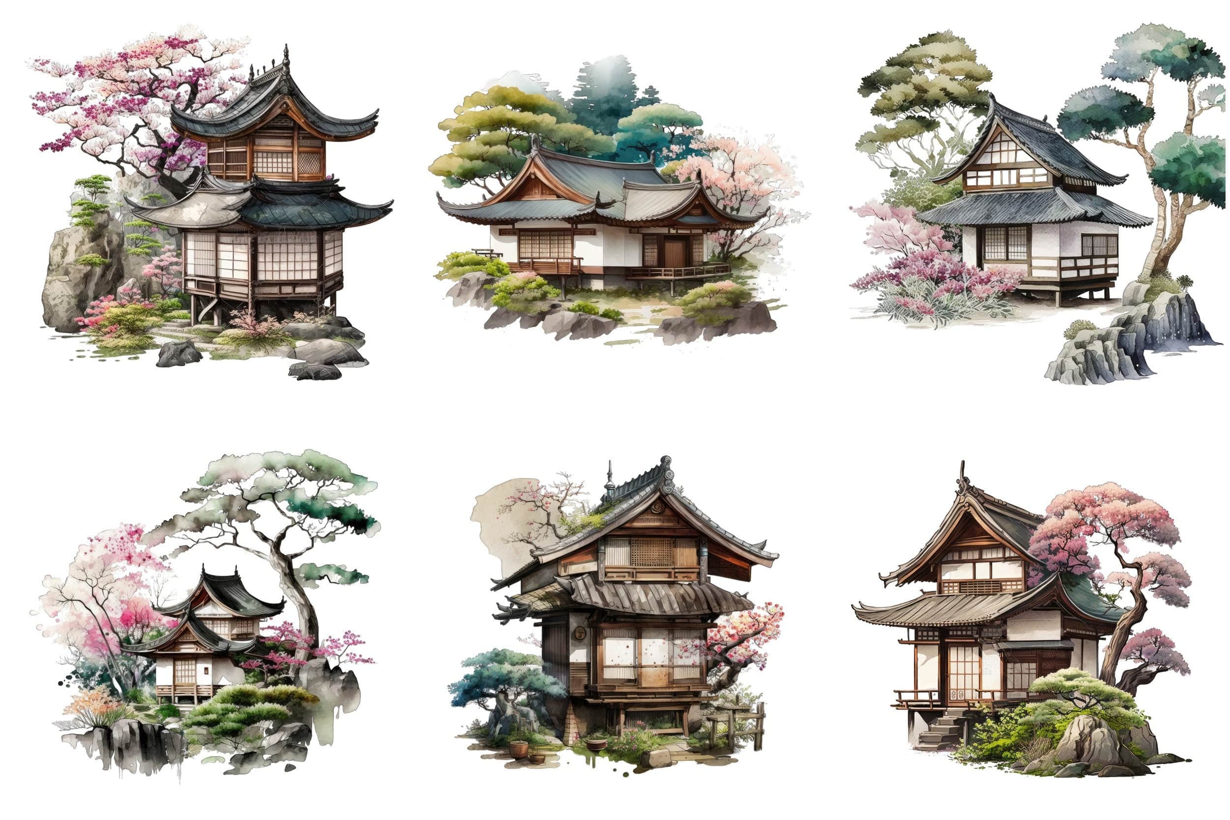 Japanese Cottage House Watercolor Bundle, 60 Images with Japanese PNG Houses, Cottage clipart, Japanese Cottage clipart, Japanese Houses Digital Download Sumobundle