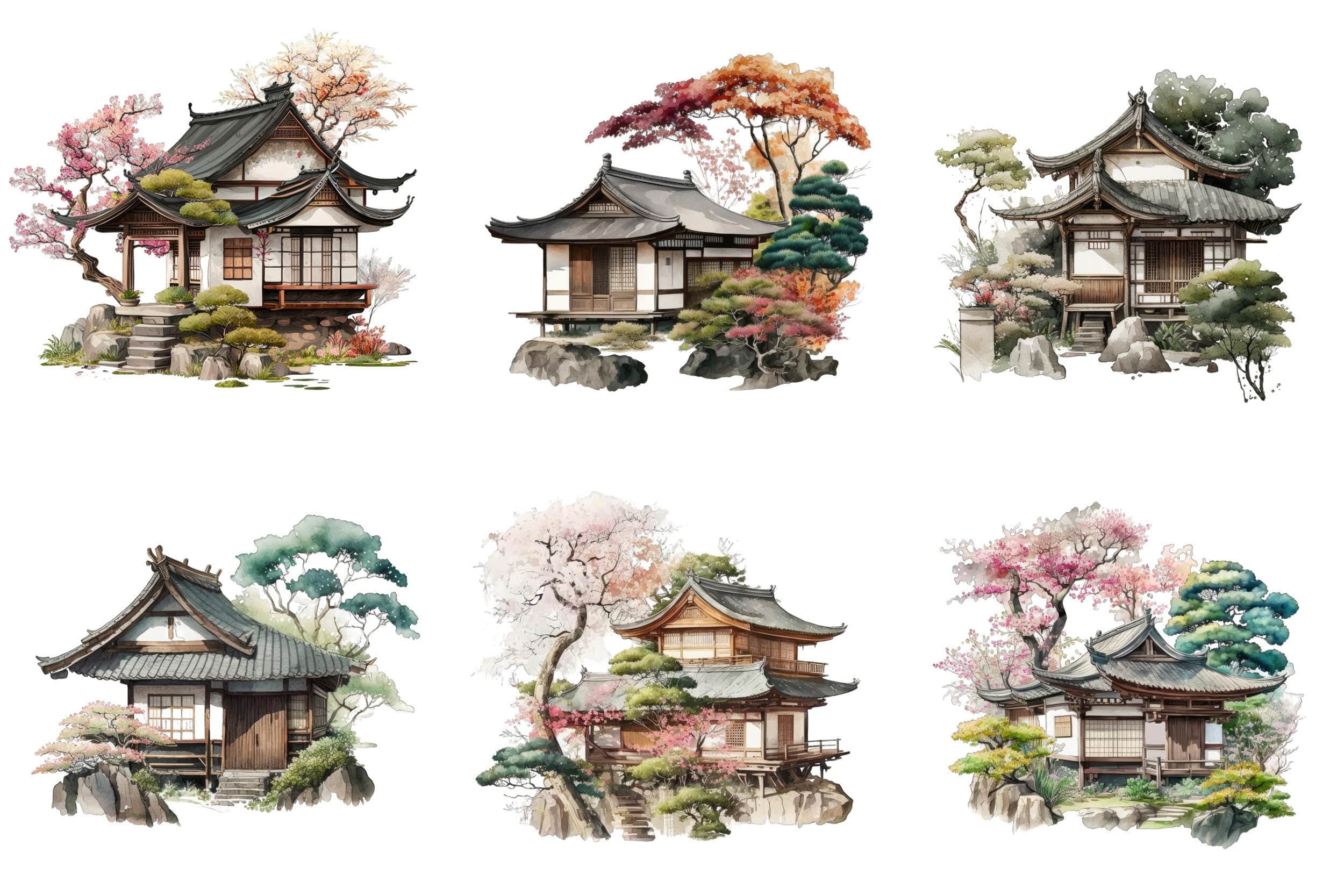 Japanese Cottage House Watercolor Bundle, 60 Images with Japanese PNG Houses, Cottage clipart, Japanese Cottage clipart, Japanese Houses Digital Download Sumobundle